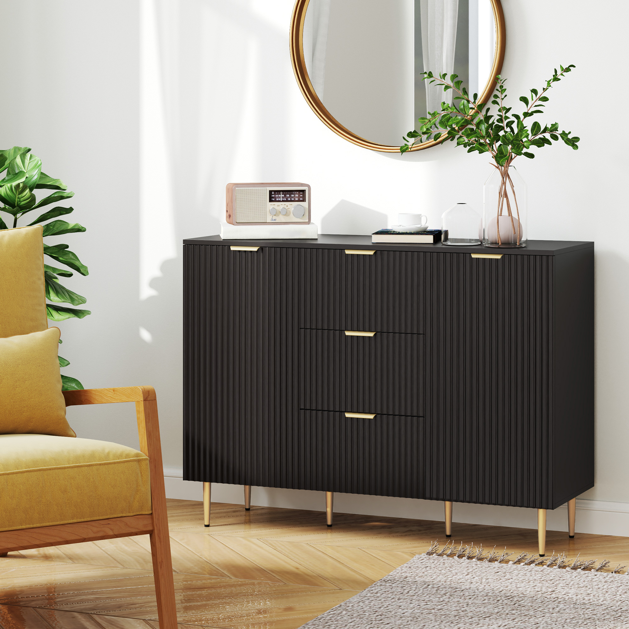 TEMU Buffet Étagère, Meuble de Rangement de Cuisine Moderne avec 3 Tiroirs et Étagères Réglables, Meuble de Bar à Café Cannelé avec Pieds en Métal