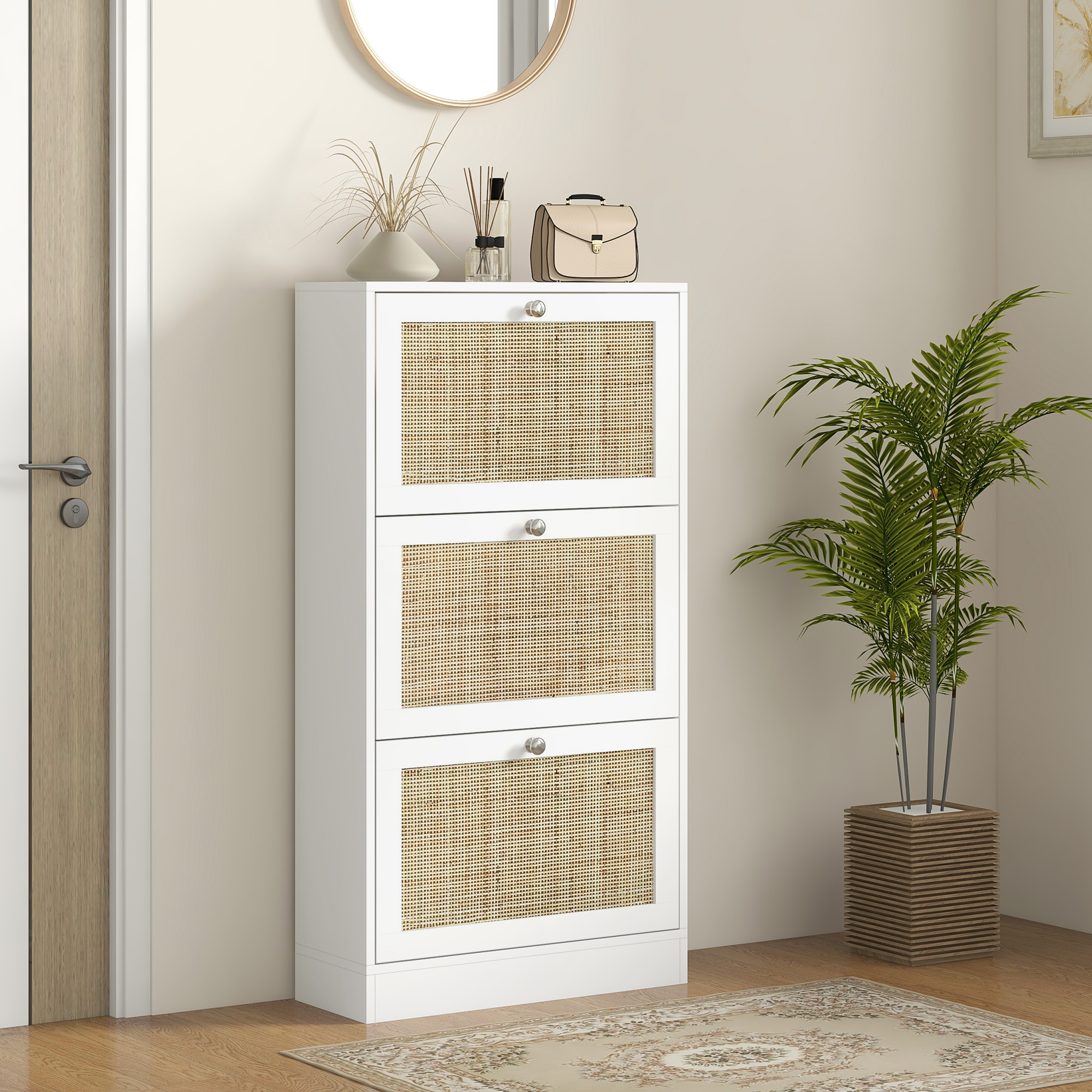 TEMU Organisateur de Rangement pour Chaussures en Rotin avec 3 Tiroirs Rabattables, Design Boho Chic, Rangement Polyvalent pour Chaussures, Sûr et