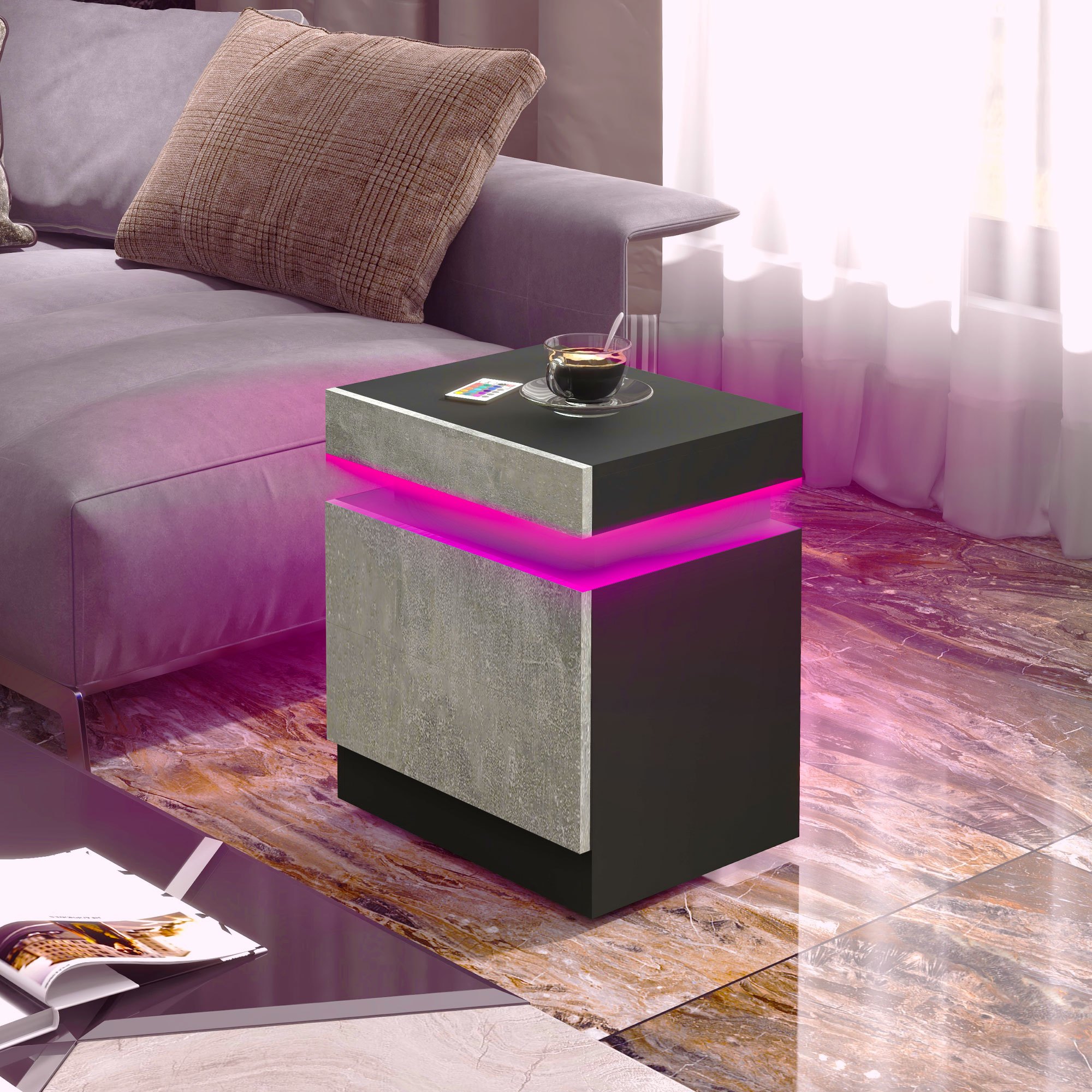 TEMU Table de chevet, table basse avec lumières LED, pour chambre à coucher gris ciment