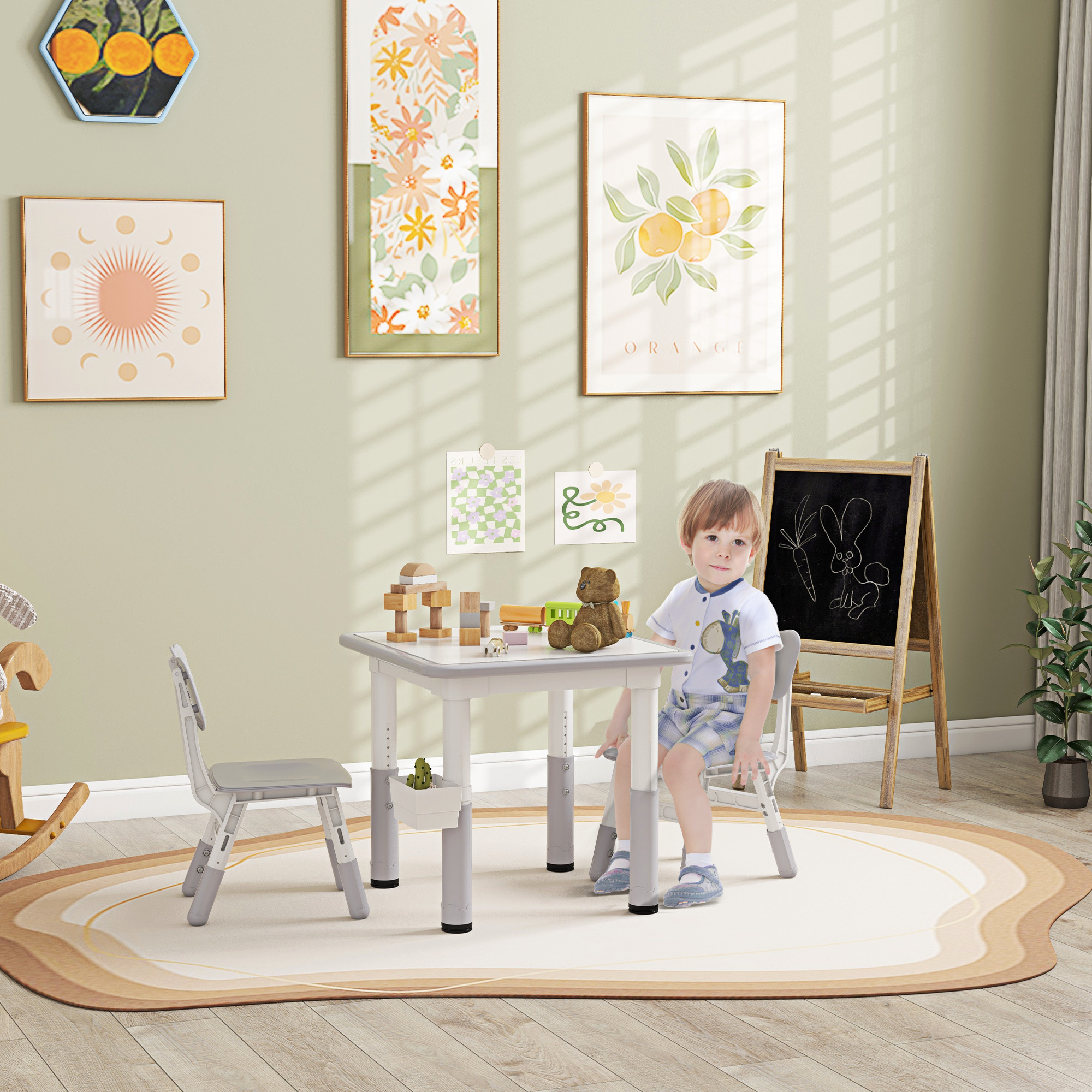 TEMU 3pièces Ensemble de table et chaise réglable pour enfants avec rangement, gris