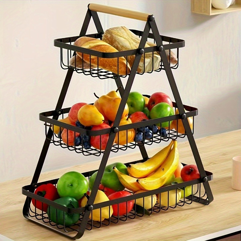 TEMU 3-Tier Heavy-Duty Metal Fruit & Bread Storage Organizer with Removable Bowls & Wooden Handle - Sturdy Kitchen Countertop Organizer, Space-Saving