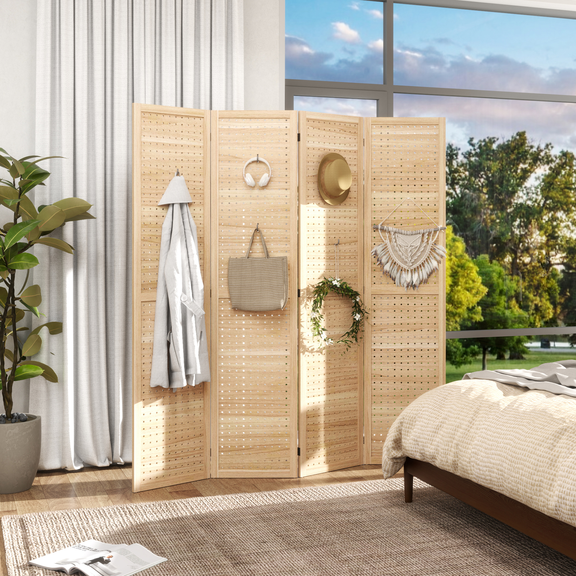 TEMU Cloison de séparation pliante à 4 panneaux, paravent d'intérieur, décoration