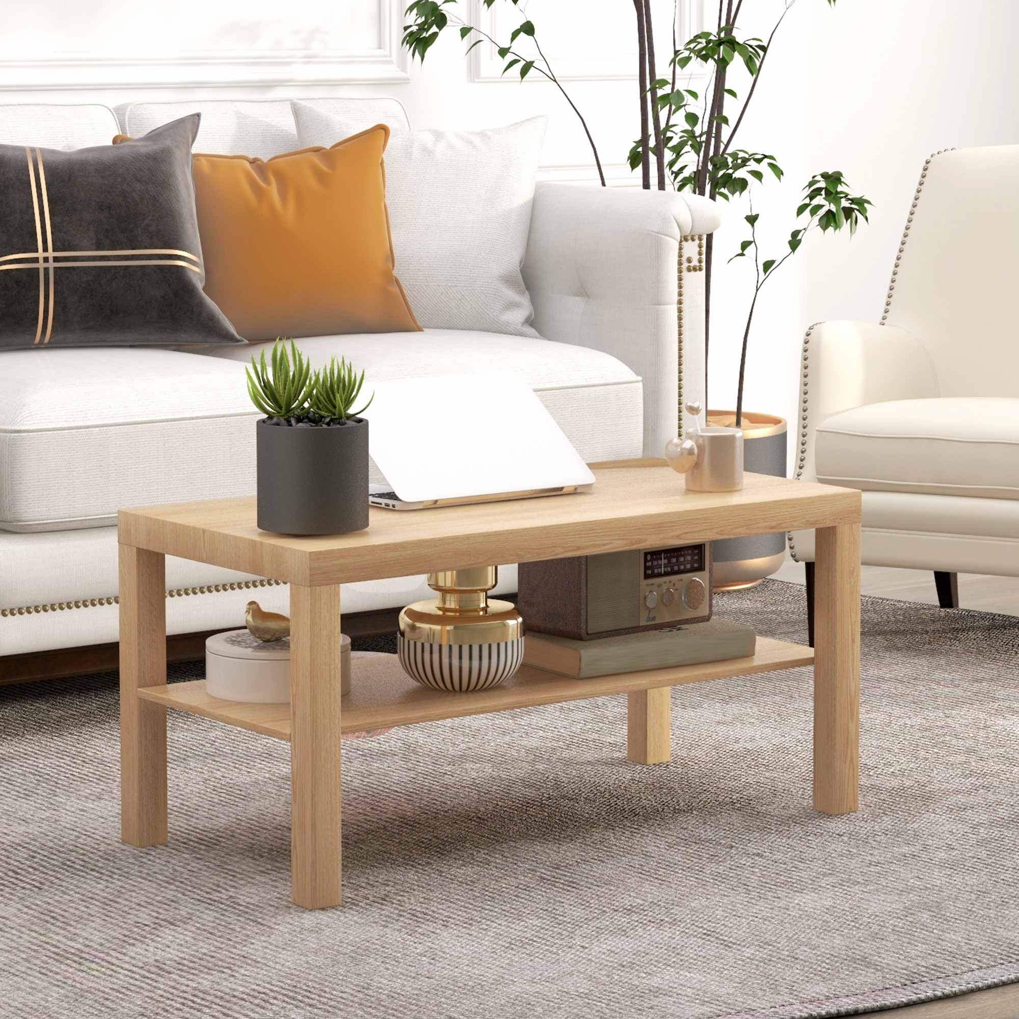 TEMU Table Basse à 2 Niveaux avec Étagère de Rangement pour Salon, Bois Naturel