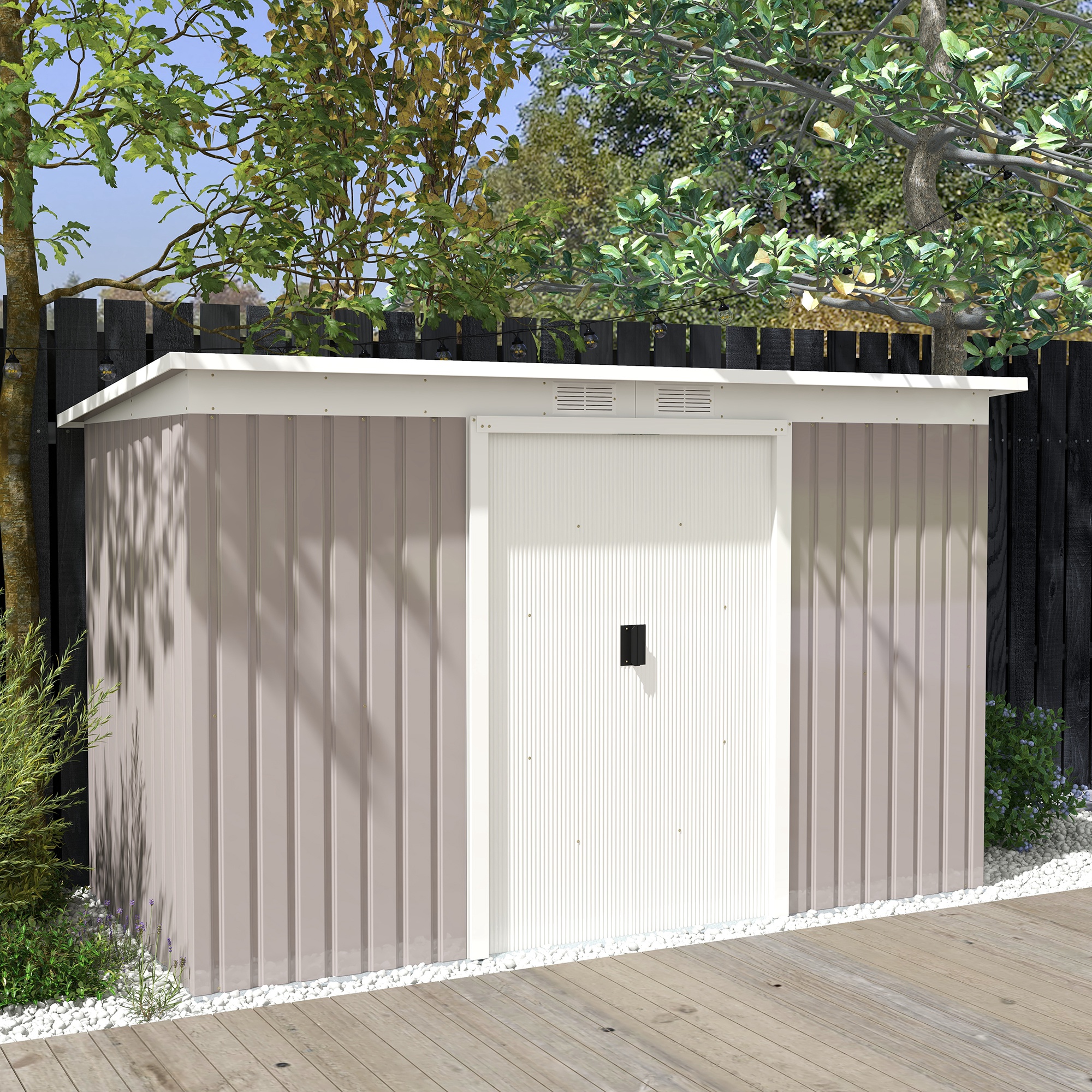 TEMU Abri de Rangement Métallique 9' x 4', Maison à Outils de Jardin avec Kit de , Portes Coulissantes , Évents d'Aération pour Arrière-Cour, Patio,