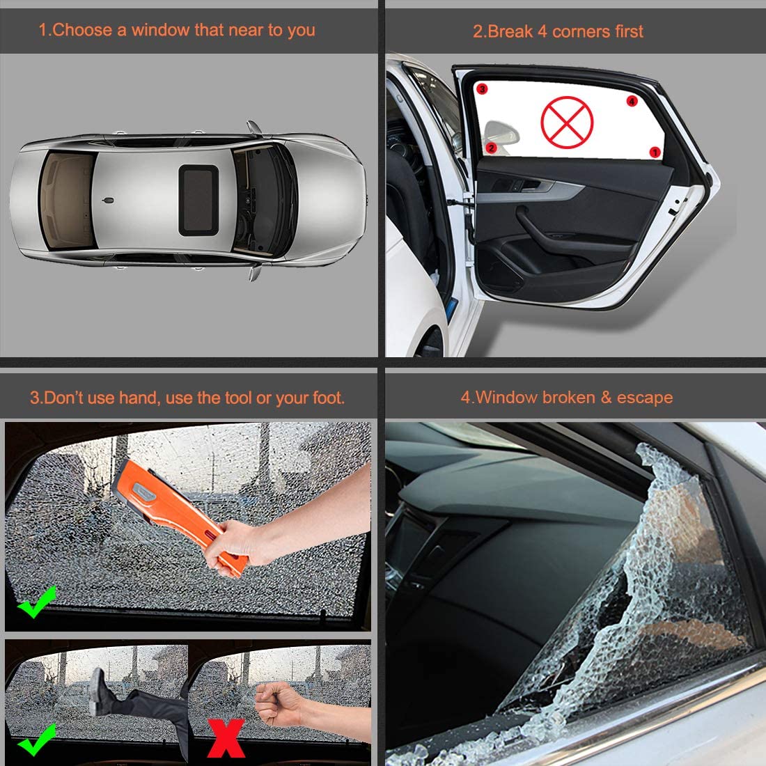 orange 8 in 1 car safety tool with long lasting flashlight rescue window breaker Product details 6