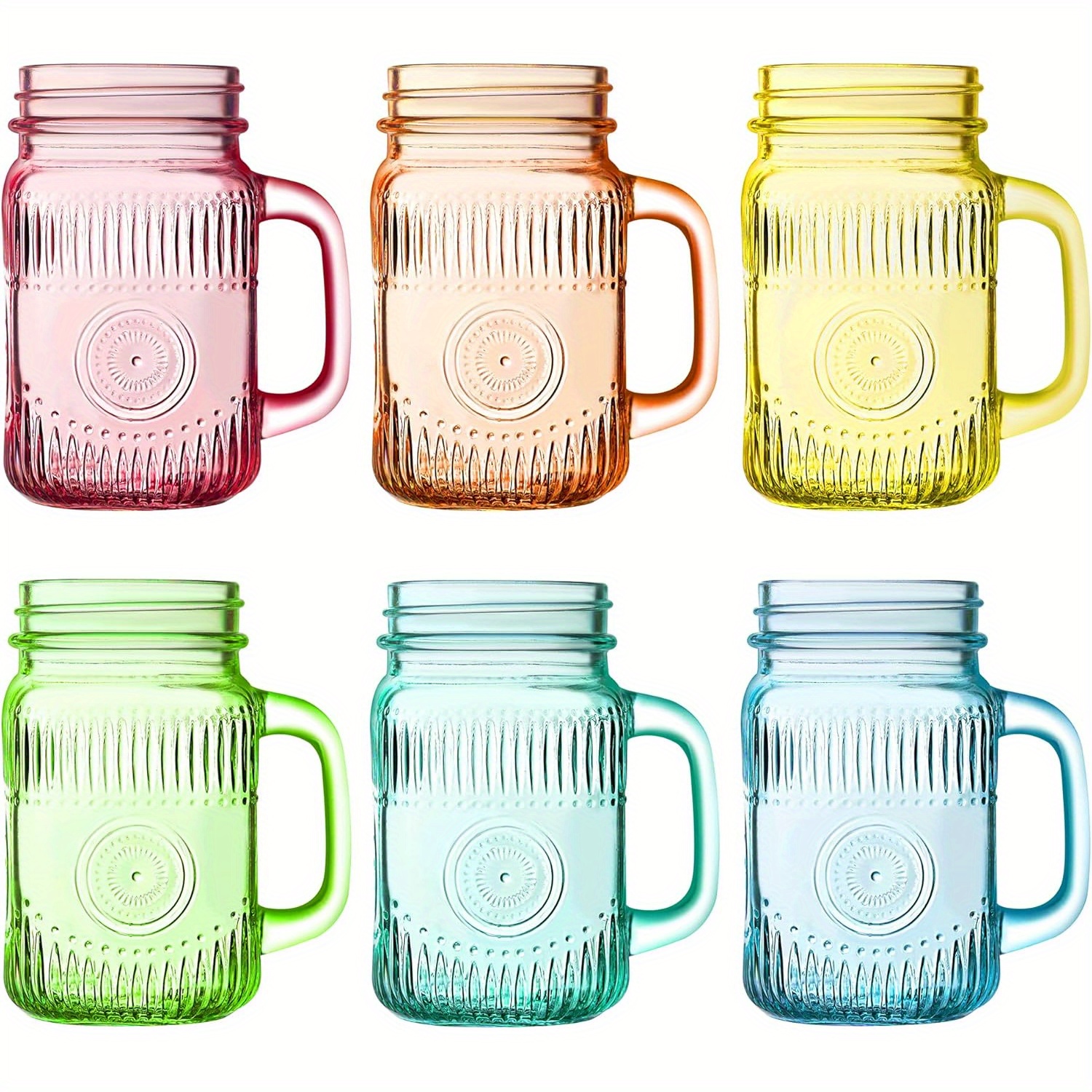 TEMU [6pcs Vintage Mason Jar] 6pcs Vintage Colored Drinking Glass Mason Jar 16 Oz With Comfortable Handle For Party Beverages