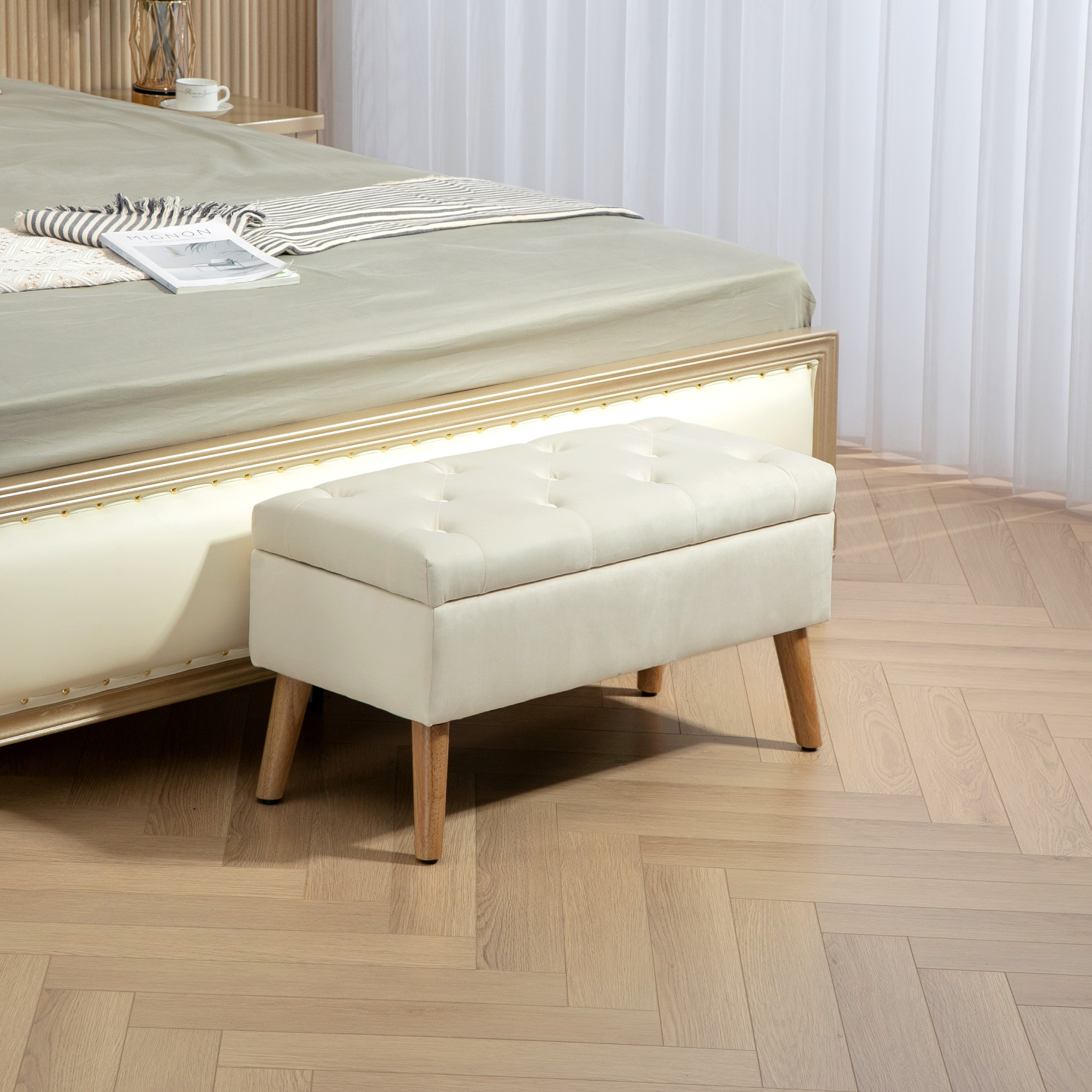 TEMU Banc ottoman de rangement rembourré avec pieds en bois, blanc crème