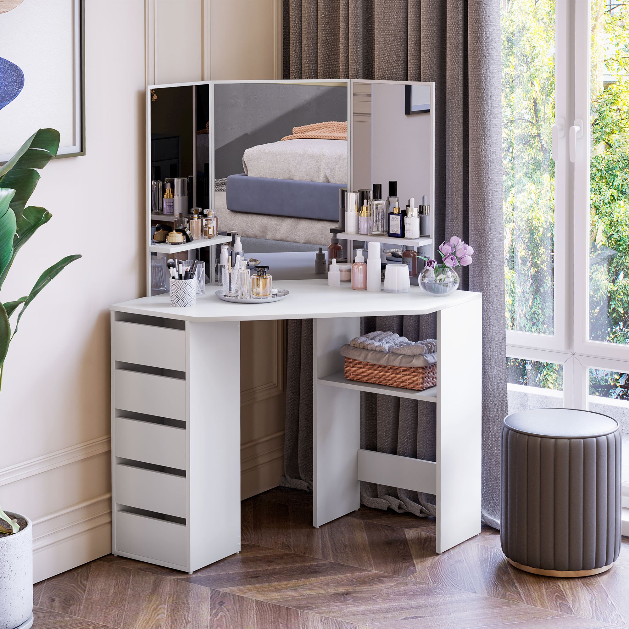 TEMU Coiffeuse d'angle, bureau de maquillage avec 3 pièces et 5 tiroirs