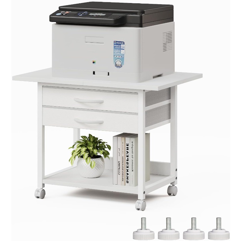large printer stand with storage fabric drawer under desk printer table with wheels for home office printer cart fit fax   scanner white 2 tiers