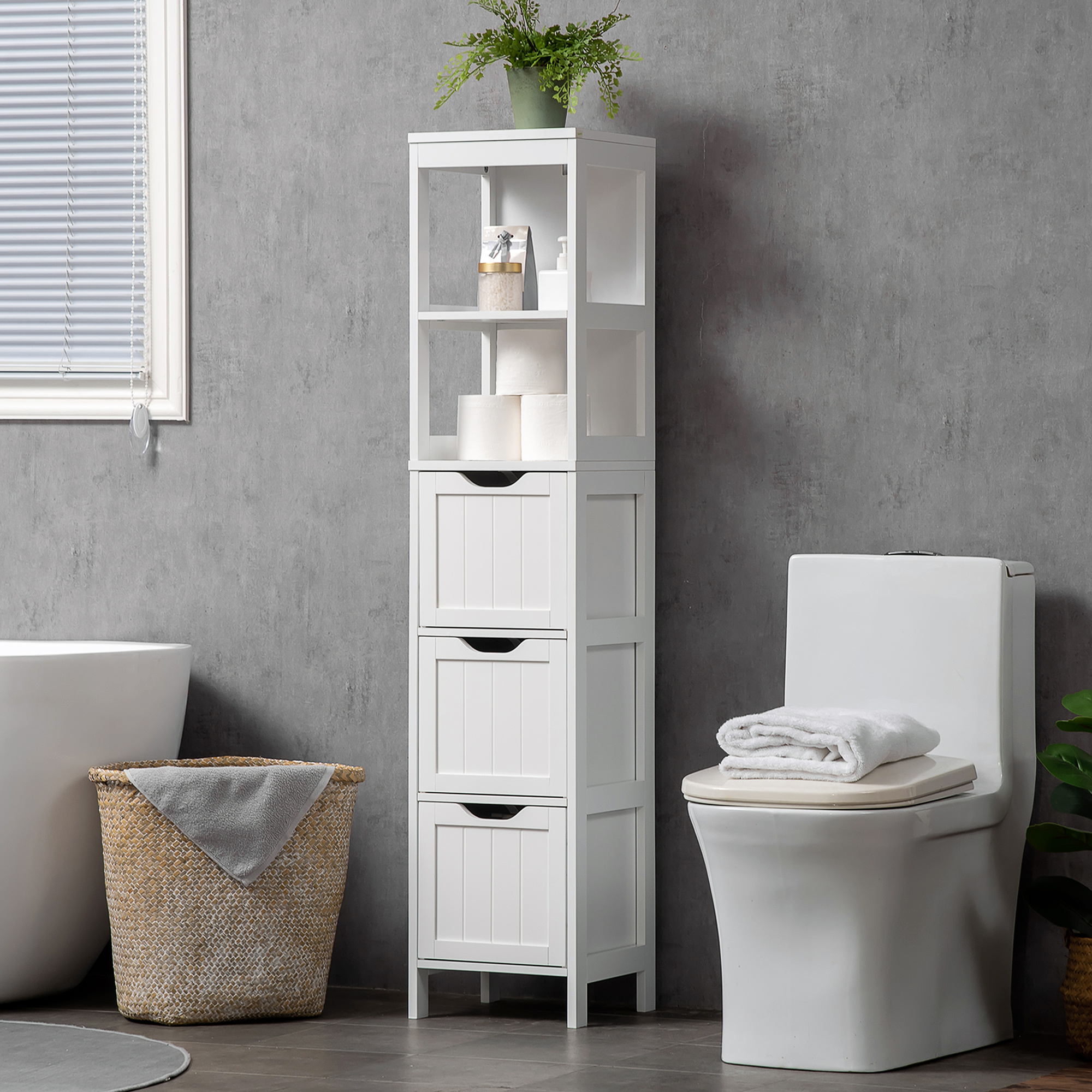 TEMU de rangement étroite pour salle de bain, tour de drap blanc, pied
