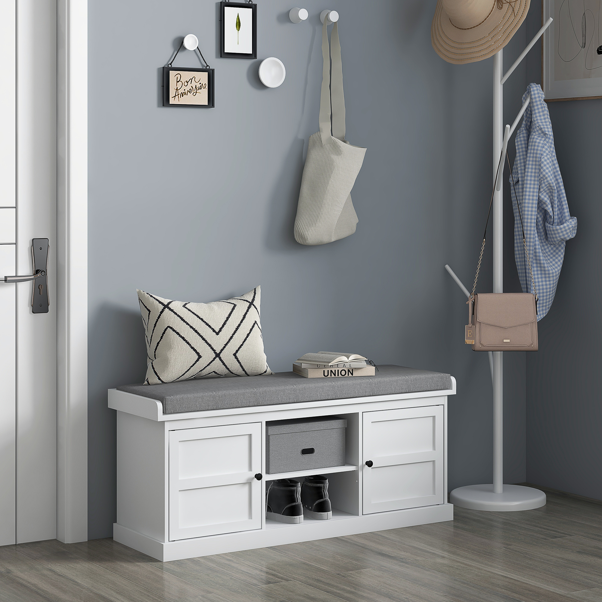 TEMU Banc à chaussures de rangement avec coussin, 2 armoires pour entrée, blanc