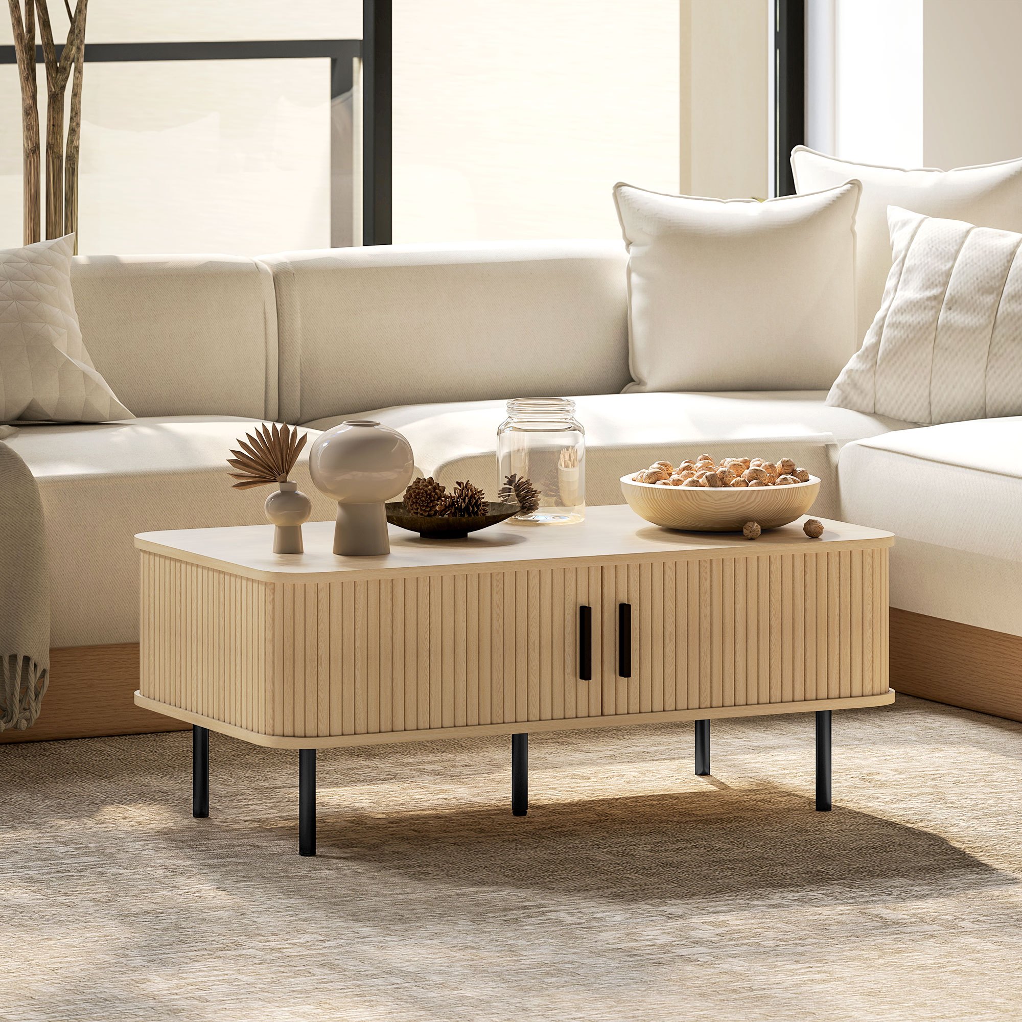 TEMU Table Basse avec Rangement, Table d'Appoint Nordique à Portes Coulissantes