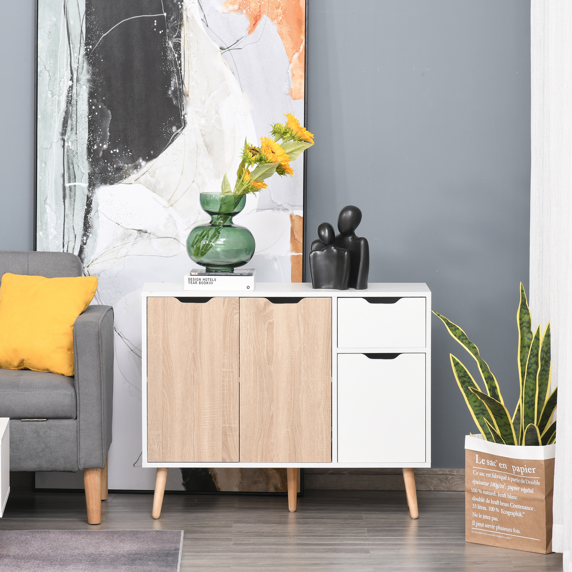 TEMU Buffet 35", Meuble de Rangement sur Pied avec Tiroir et Pieds en Bois , Blanc et Bois Naturel