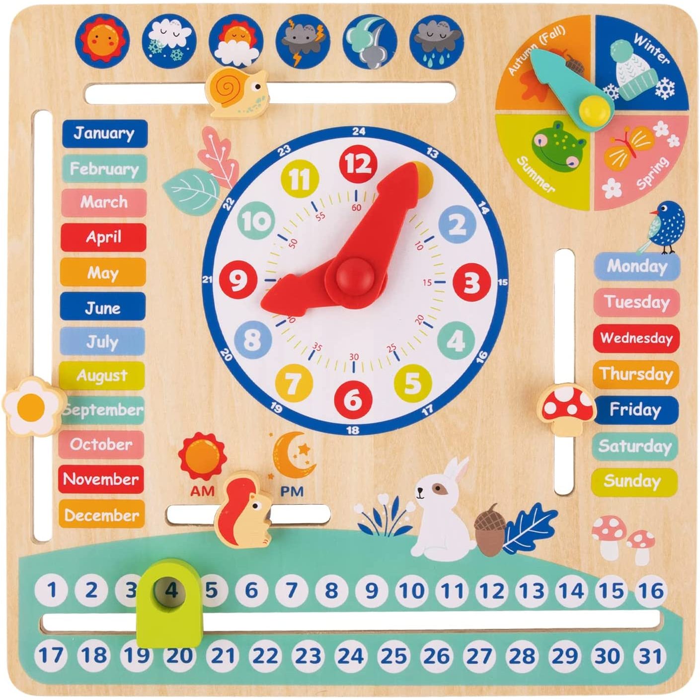 TEMU Jouet Calendrier et Horloge - Planche en Bois pour Apprendre , les Dates, l'Heure, et la Météo, pour Tout-Petits, Enfants d'Âge Préscolaire et