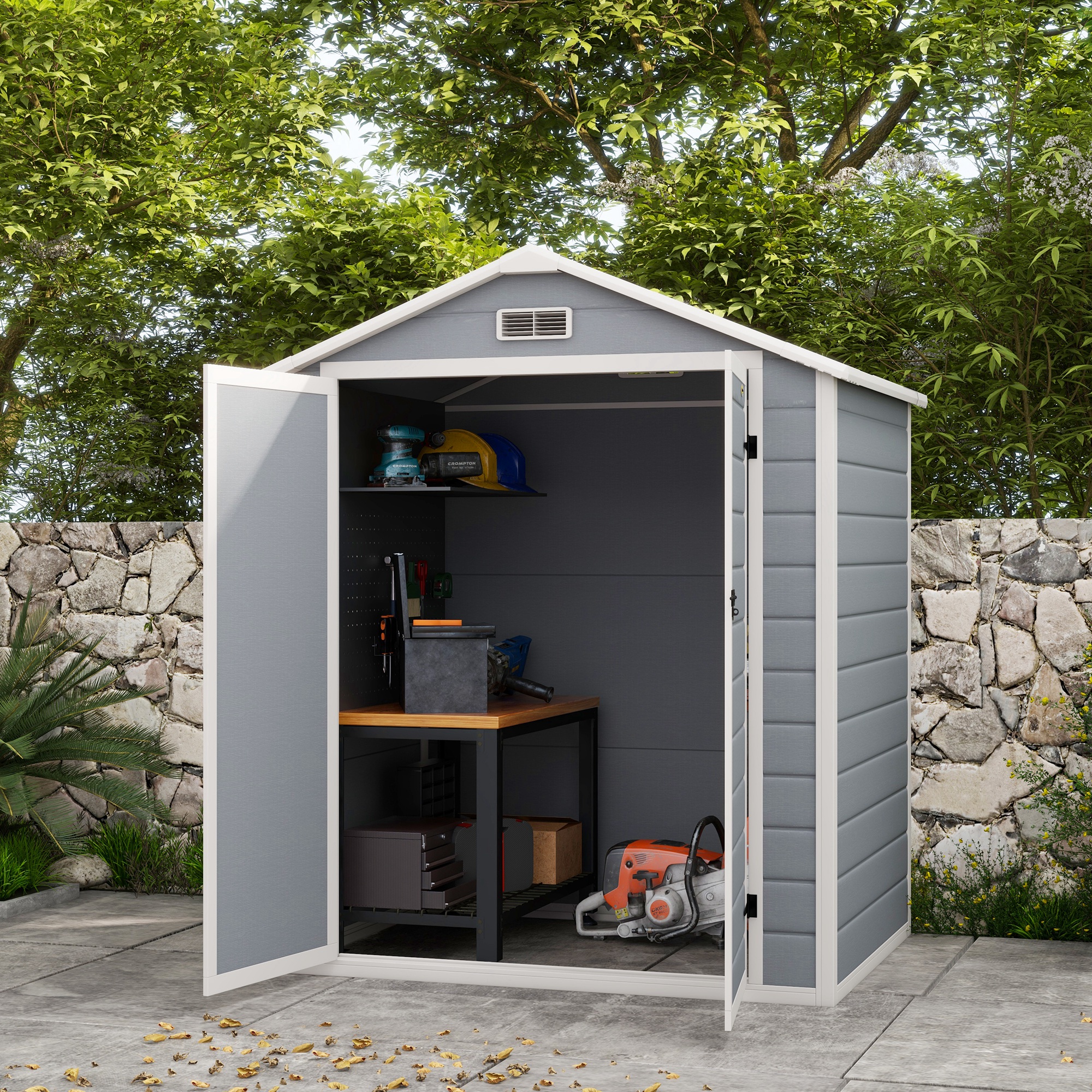 TEMU Rucher de Rangement Extérieur 6' x 4.5', Organisateur de Maison de Rangement pour Outils de Jardin en Plastique Verrouillable avec Portes et