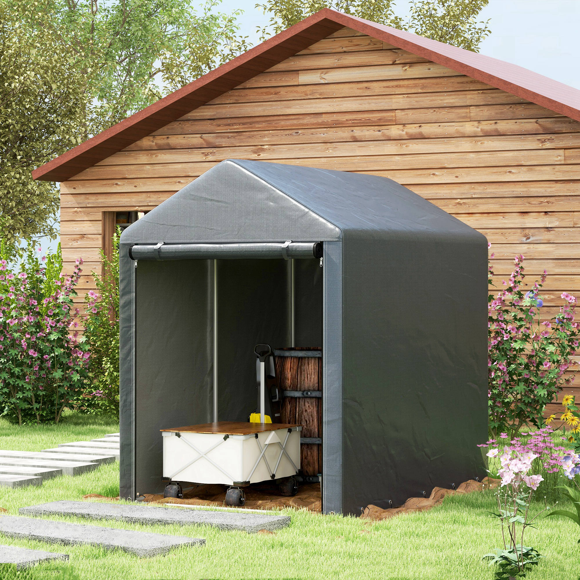 TEMU Abri Portable 4 x 6ft, Tente de Rangement Extérieure avec Cadre en Acier Galvanisé et Porte à Enrouler pour Moto, Vélo, Outils de Jardin