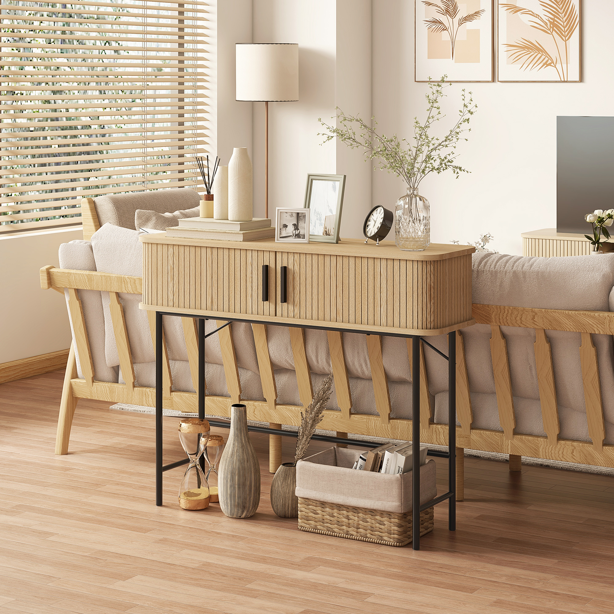 TEMU Table console étroite avec portes coulissantes tambour à lattes