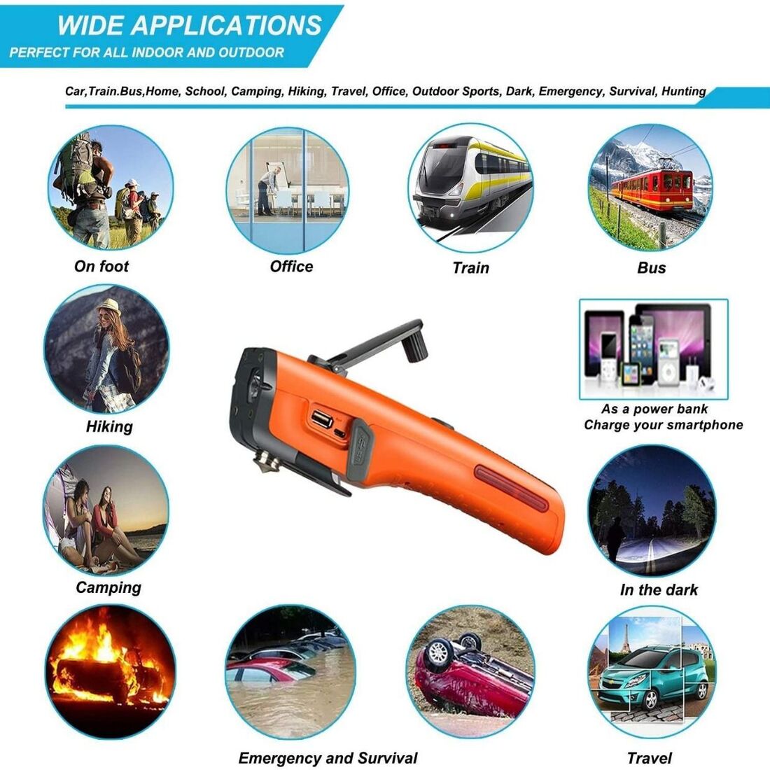 orange 8 in 1 car safety tool with long lasting flashlight rescue window breaker Product details 5
