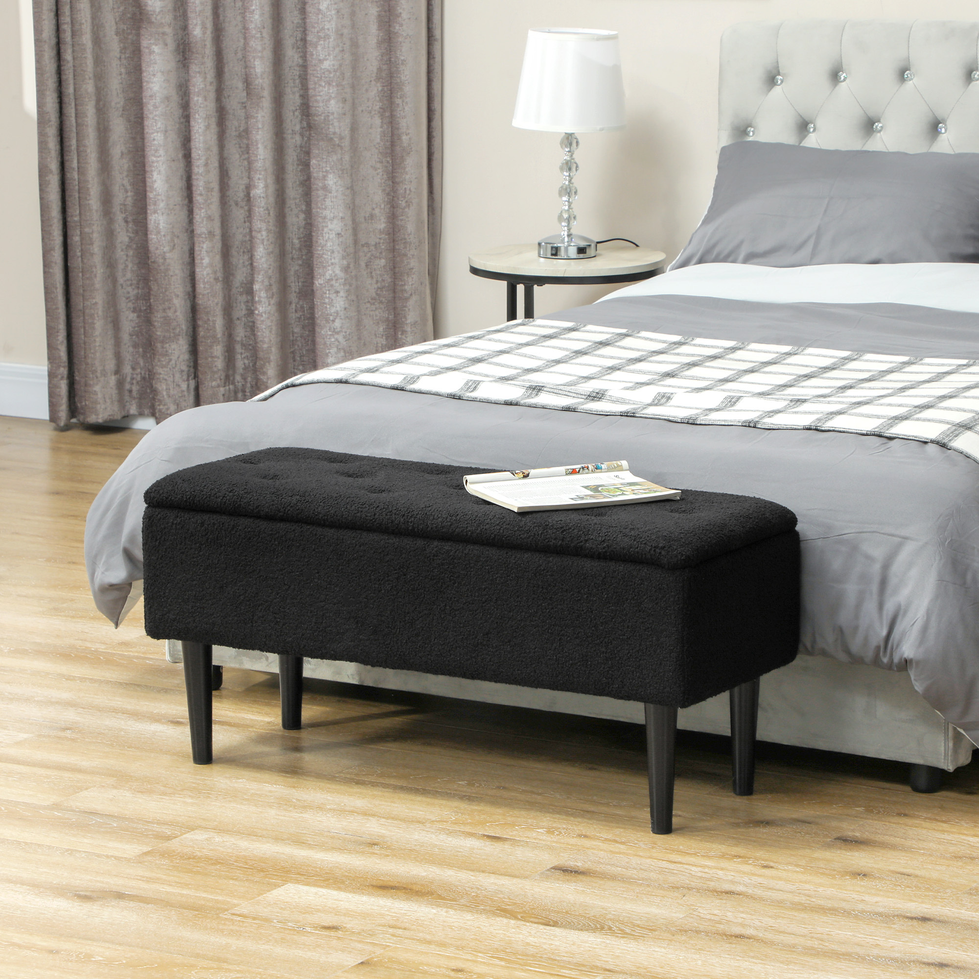 TEMU Ottoman avec rangement et pieds en bois, 57L Ottoman de rangement, Noir, 15"