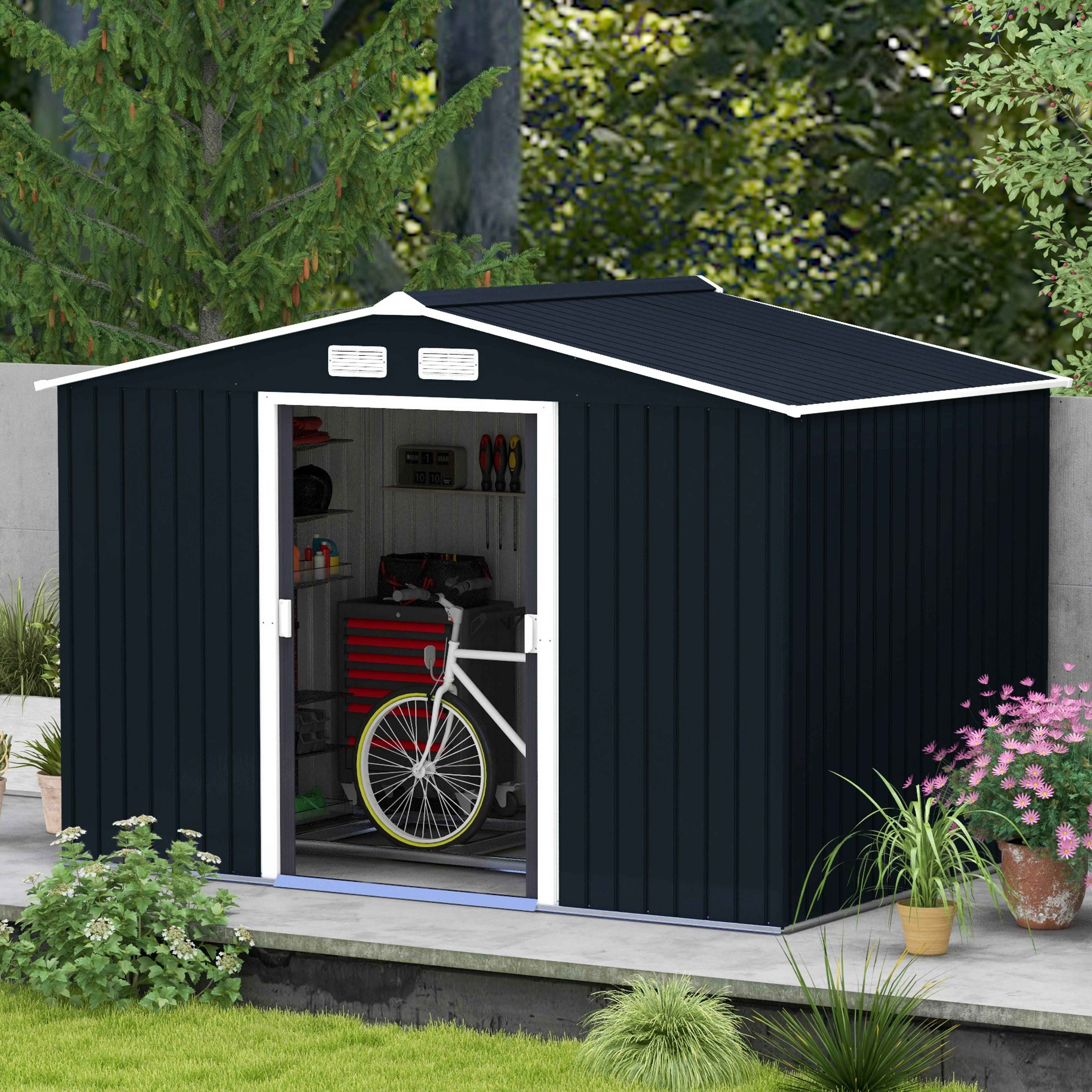 TEMU Rucher de Jardin 9' x 6' avec Kit de , Maison de Rangement pour Outils en Métal avec Double Porte pour Patio Extérieur, Gris Foncé