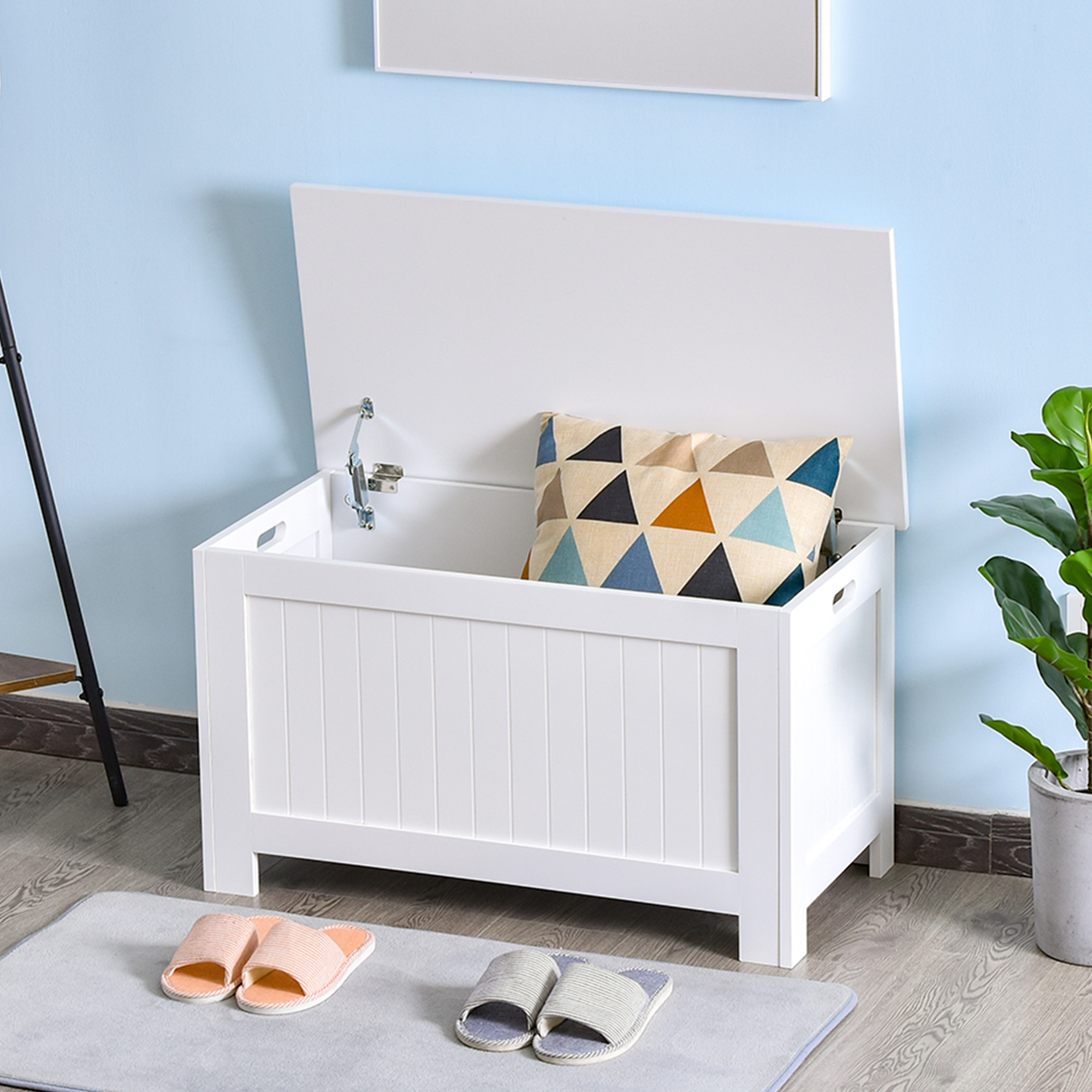 TEMU Boîte de rangement avec 2 charnières de sécurité et couvercle rabattable, blanc