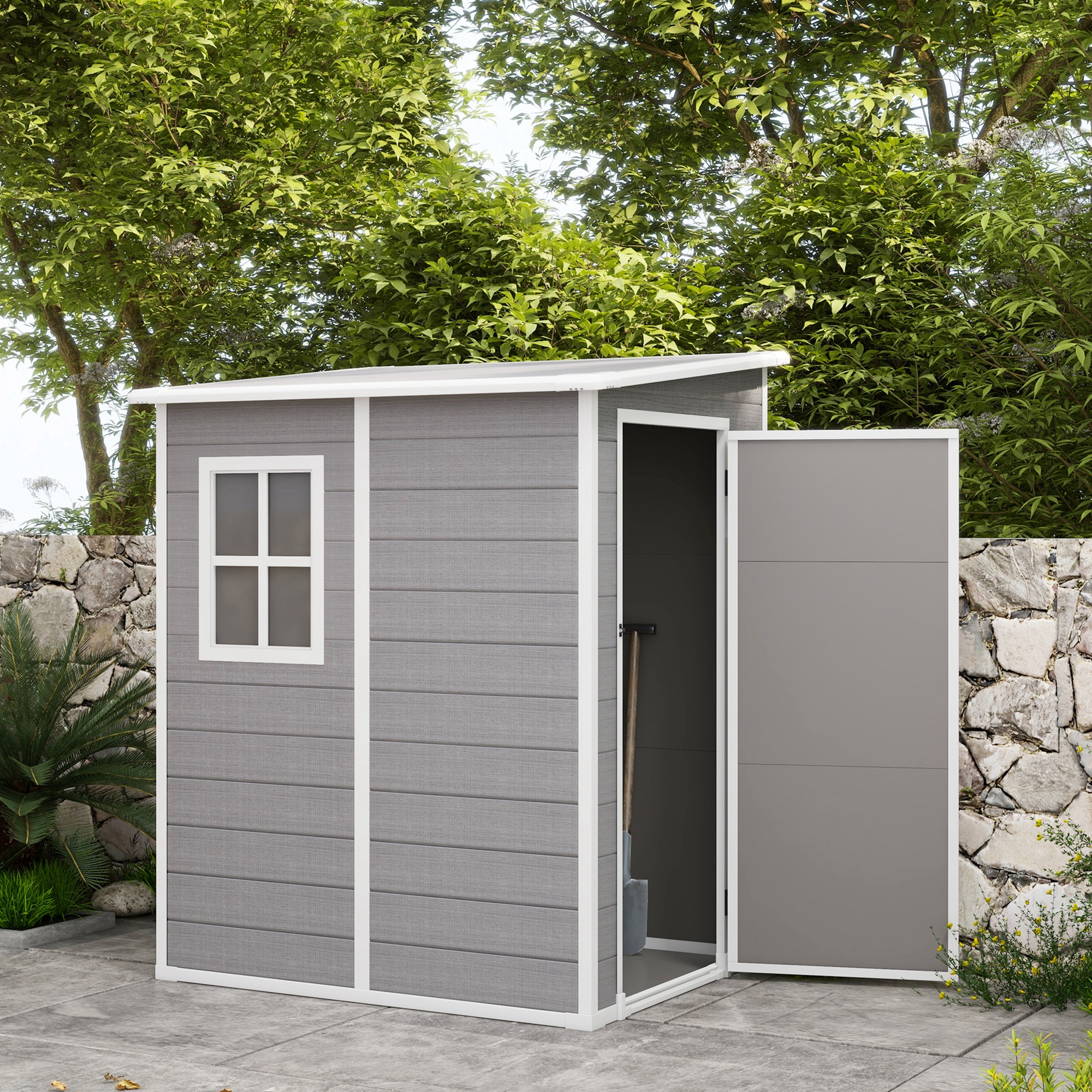 TEMU 4 x 5FT Cabane de Rangement Extérieure Inclinée avec Sol, Organisateur de Rangement pour Outils de Jardin en Plastique avec Ventilation, Fenêtre