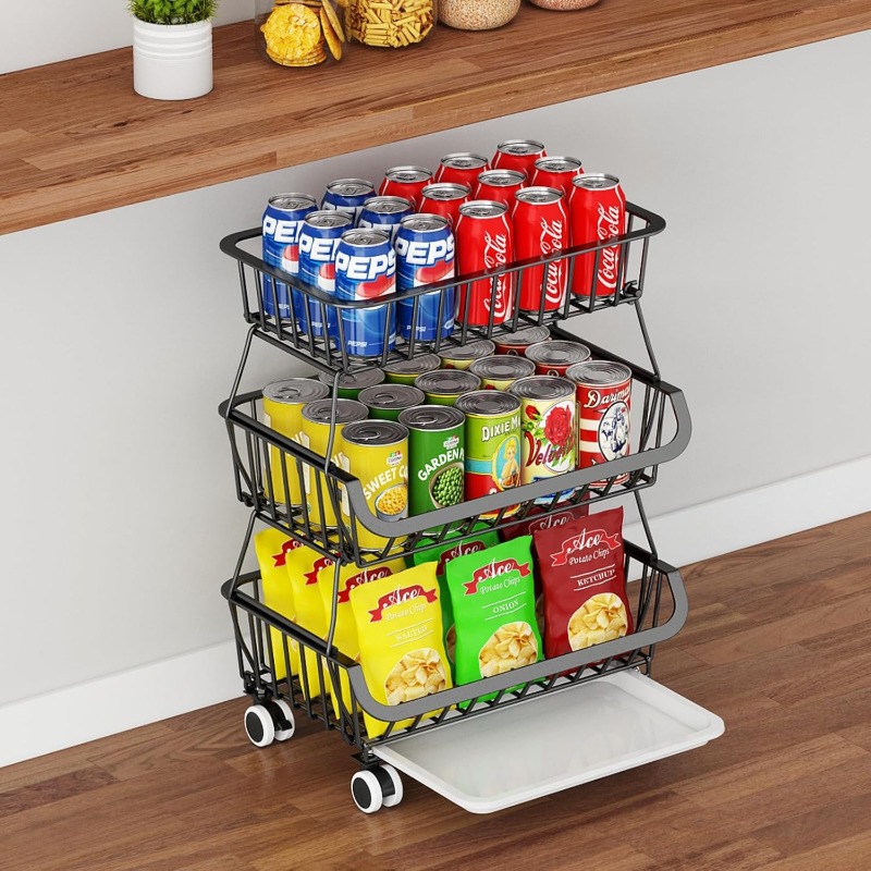 3 tier rolling pantry floor organizer stackable pantry cart with wheels metal wire pantry baskets kitchen fruit basket stand vegetable rack for fruits snacks onions potatoes Product details 0