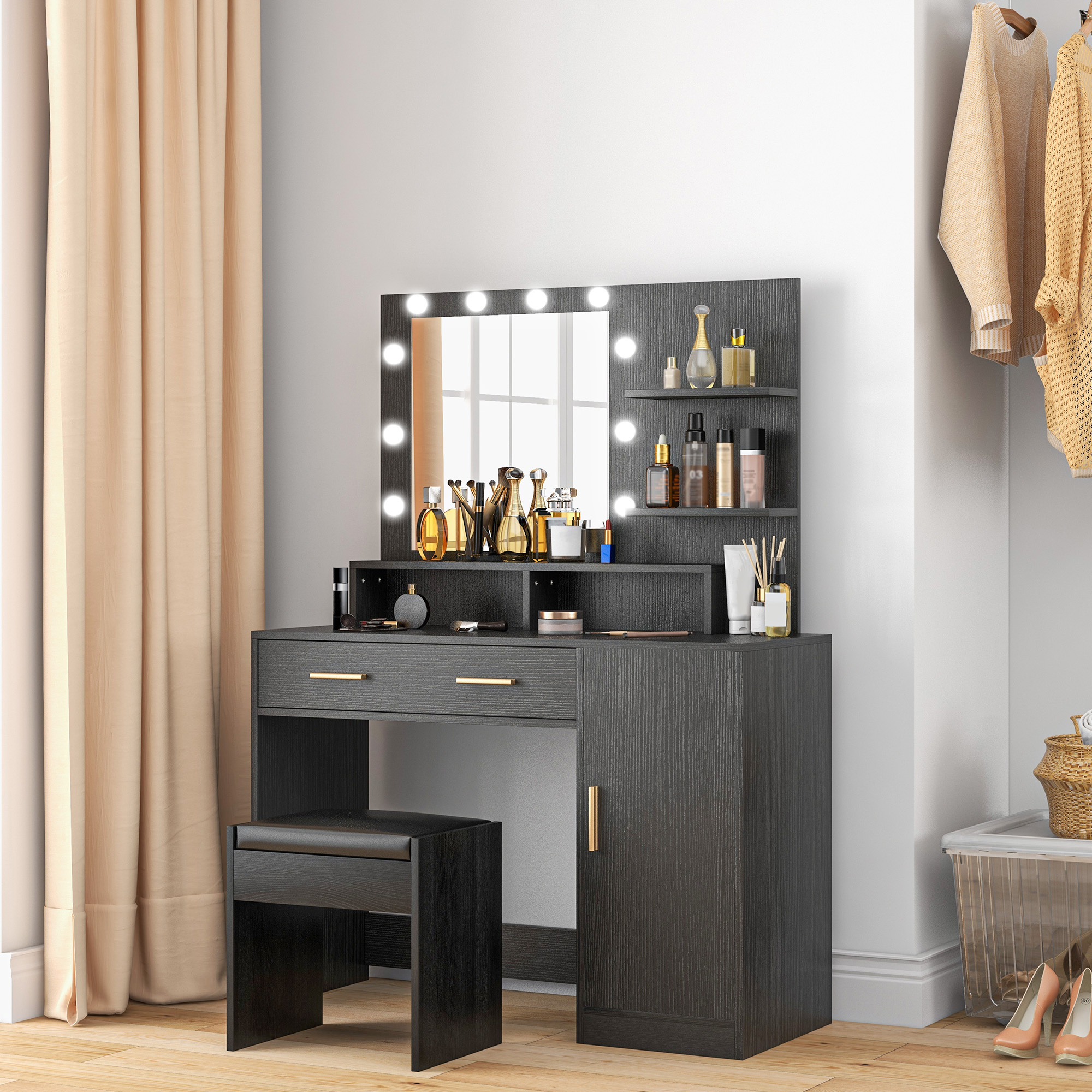 TEMU Ensemble de coiffeuse, table de maquillage avec tabouret, LED et rangement