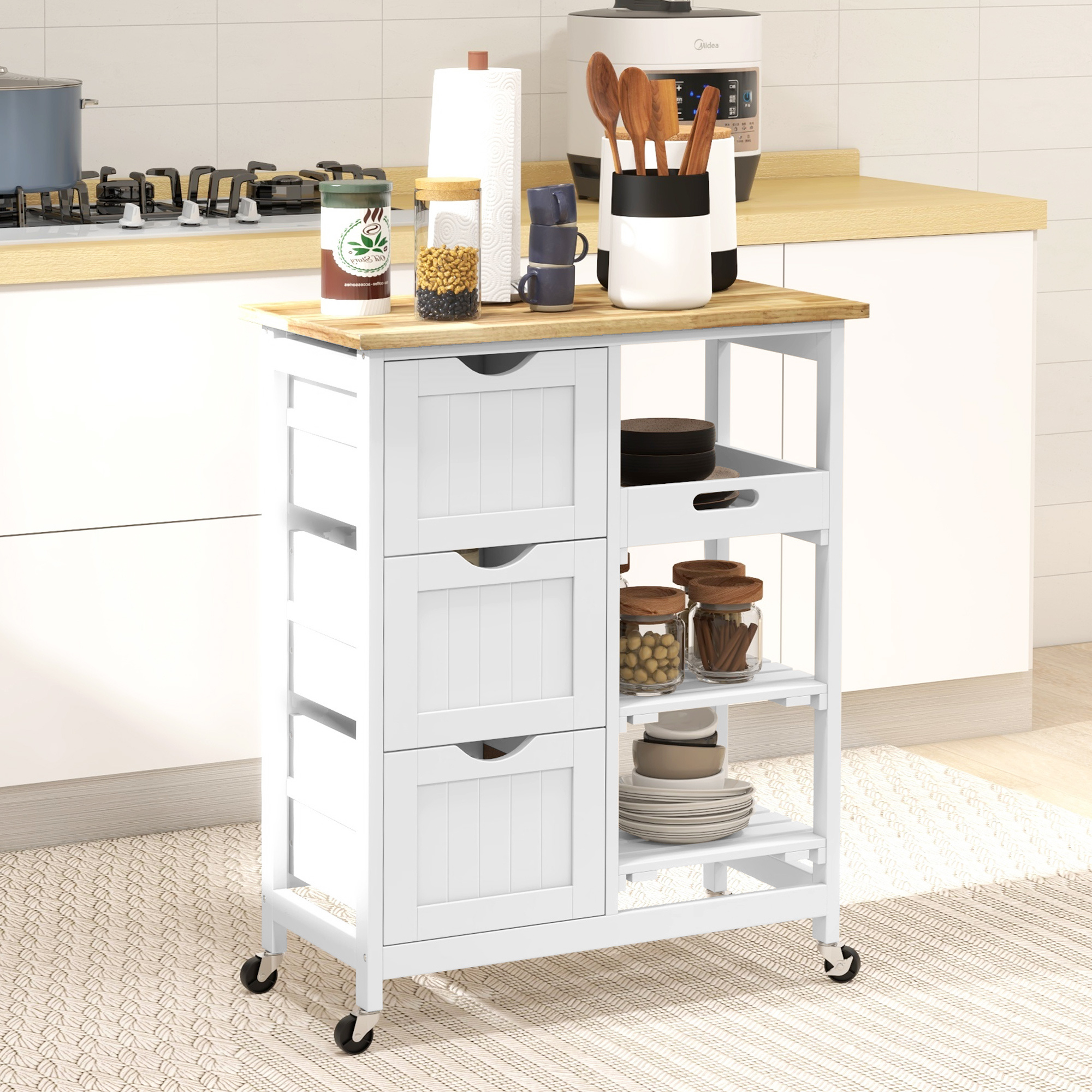 TEMU Trolley de cuisine à roulettes avec plateau en bois, 3 tiroirs et étagères
