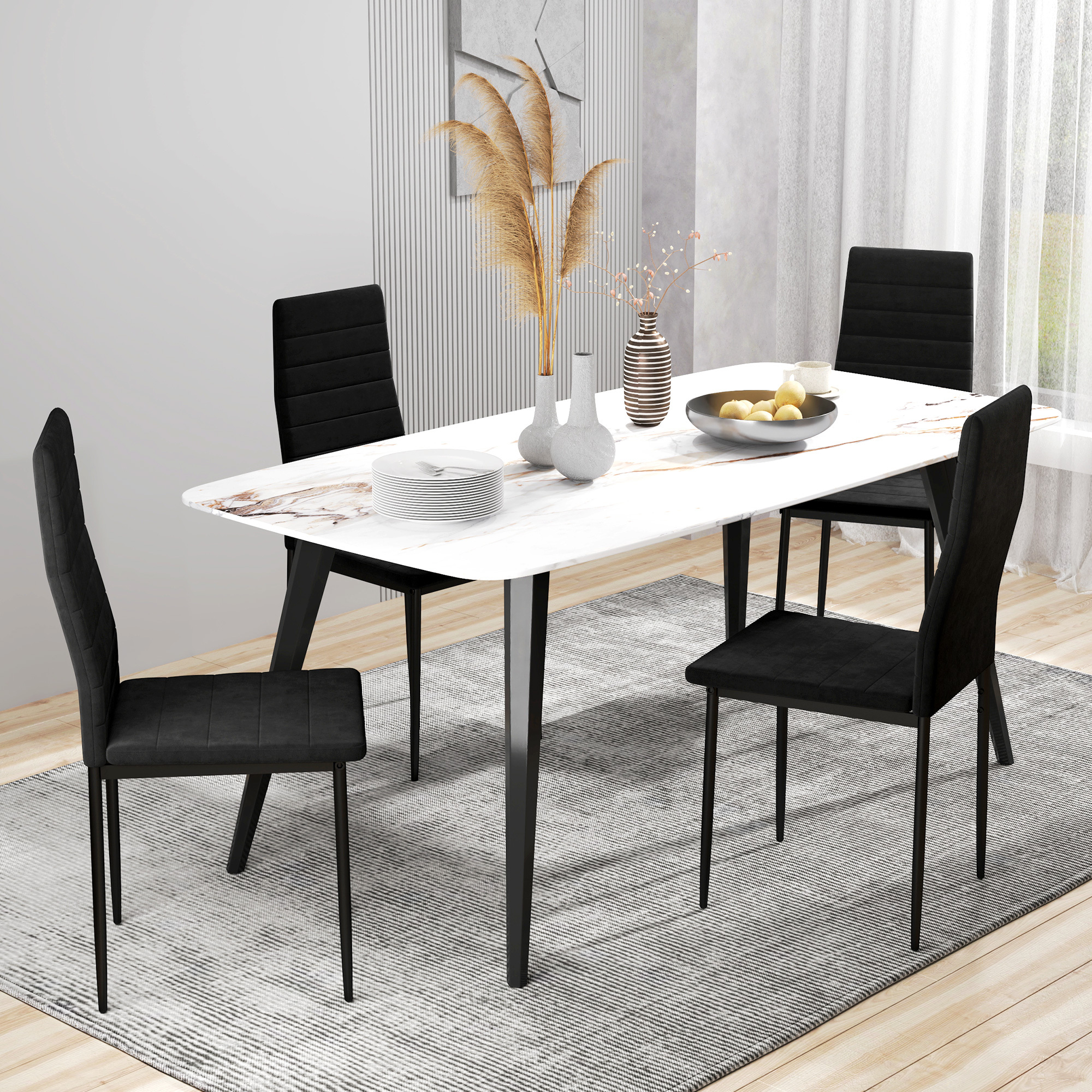 TEMU Dining Chairs, Set Of 4, Upholstered Accent Chairs, Back, Black, , Ergonomic High Back, Space-saving Design, Powder Coated Steel Legs, Foot Pads