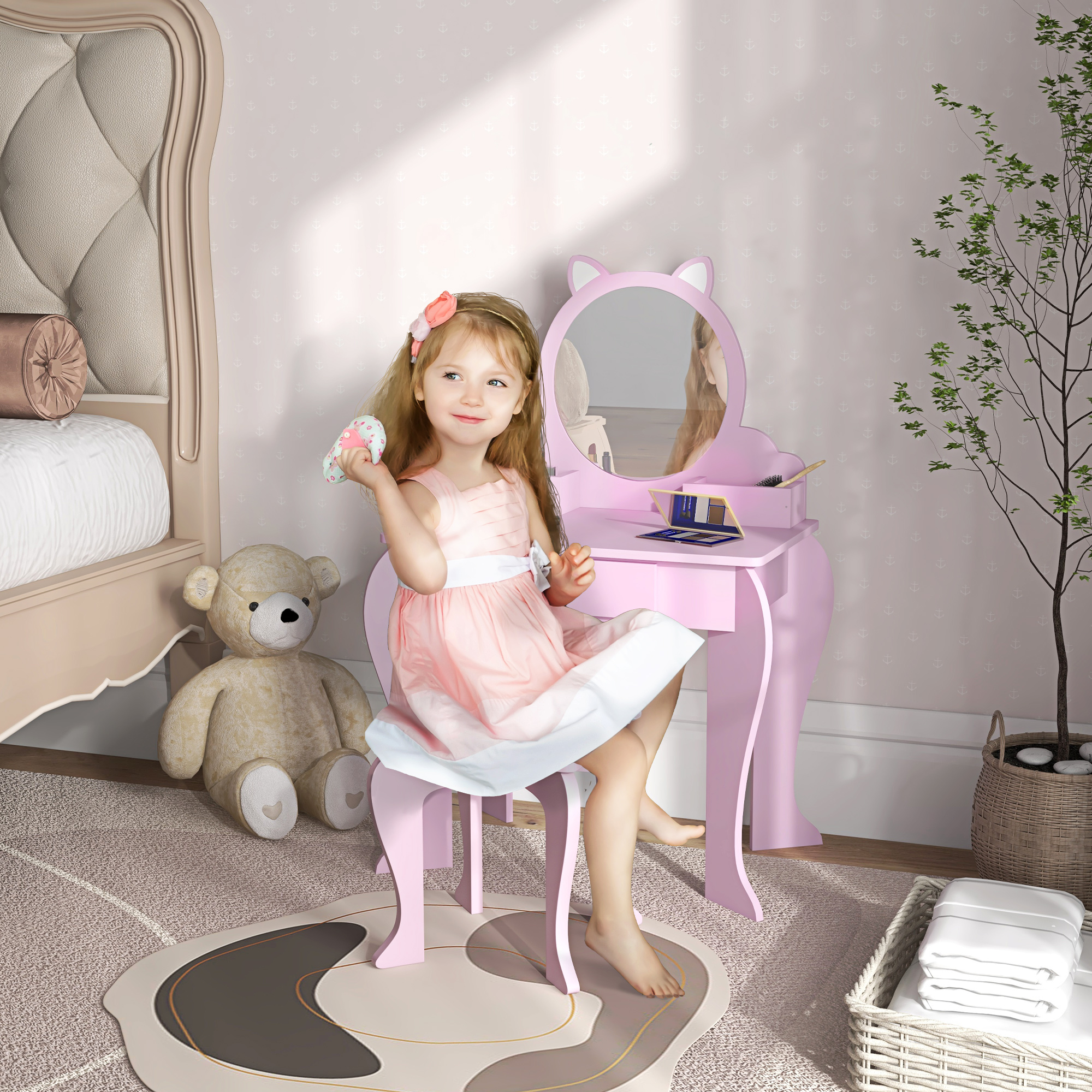 TEMU Kids Vanity Table With Mirror And Stool, Cat Design Pink