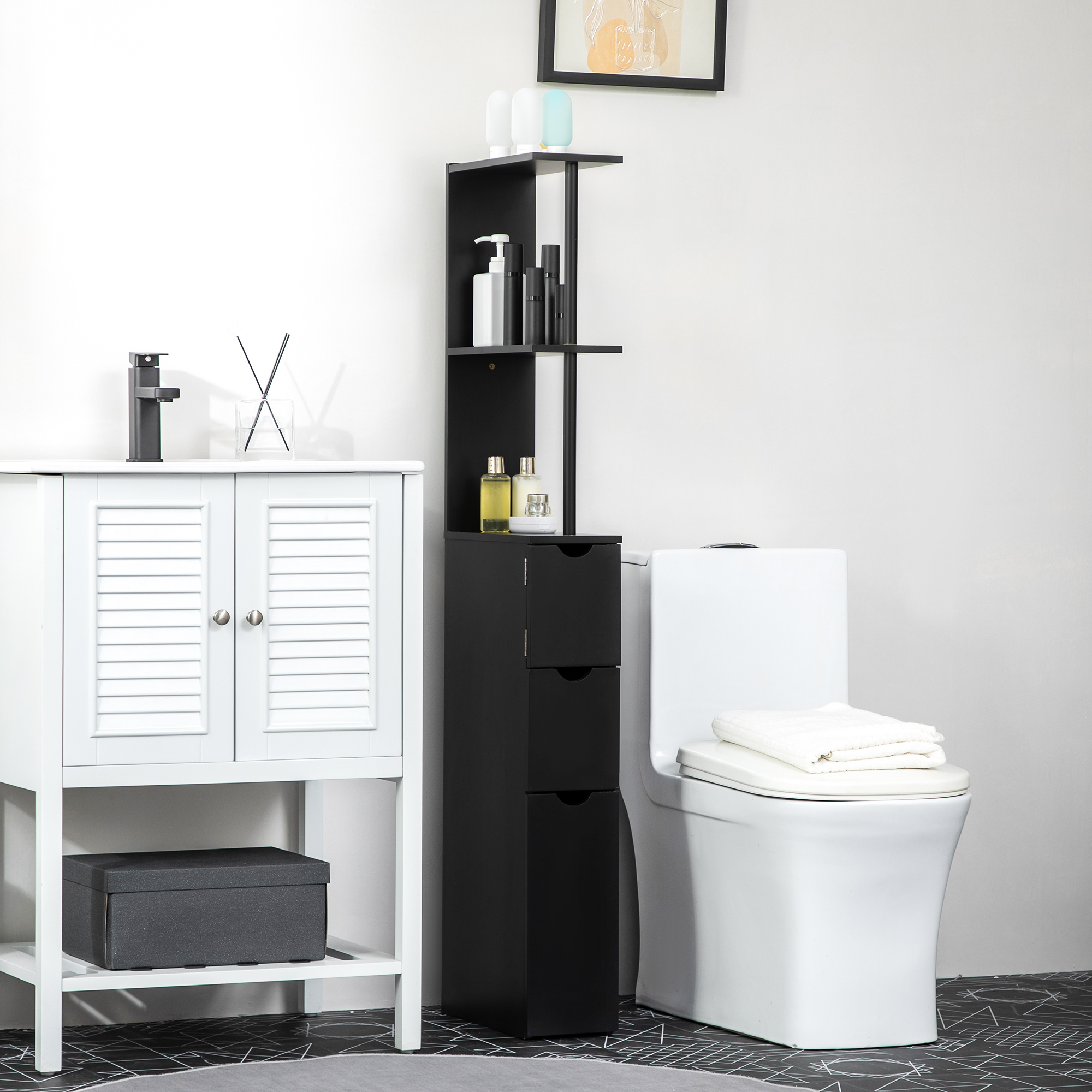 TEMU de Salle de Bain Étroite avec Tiroir et Étagères Ouvertes, Noir