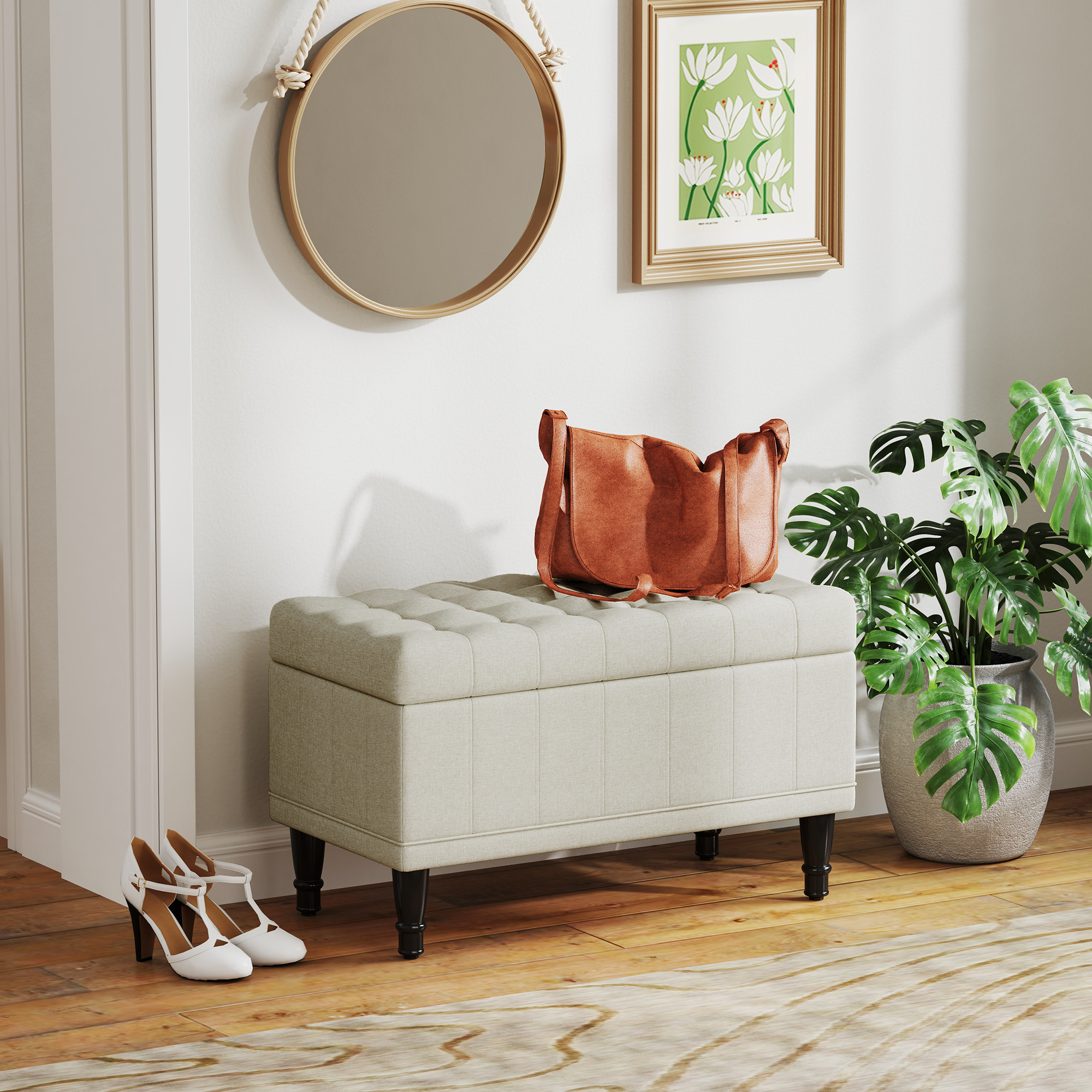 TEMU Pouf de Rangement, Banquette de Lit en Tissu Lin, Beige, Style Chic de Designer, Siège Confortable, Espace de Rangement Spacieux, Base Solide