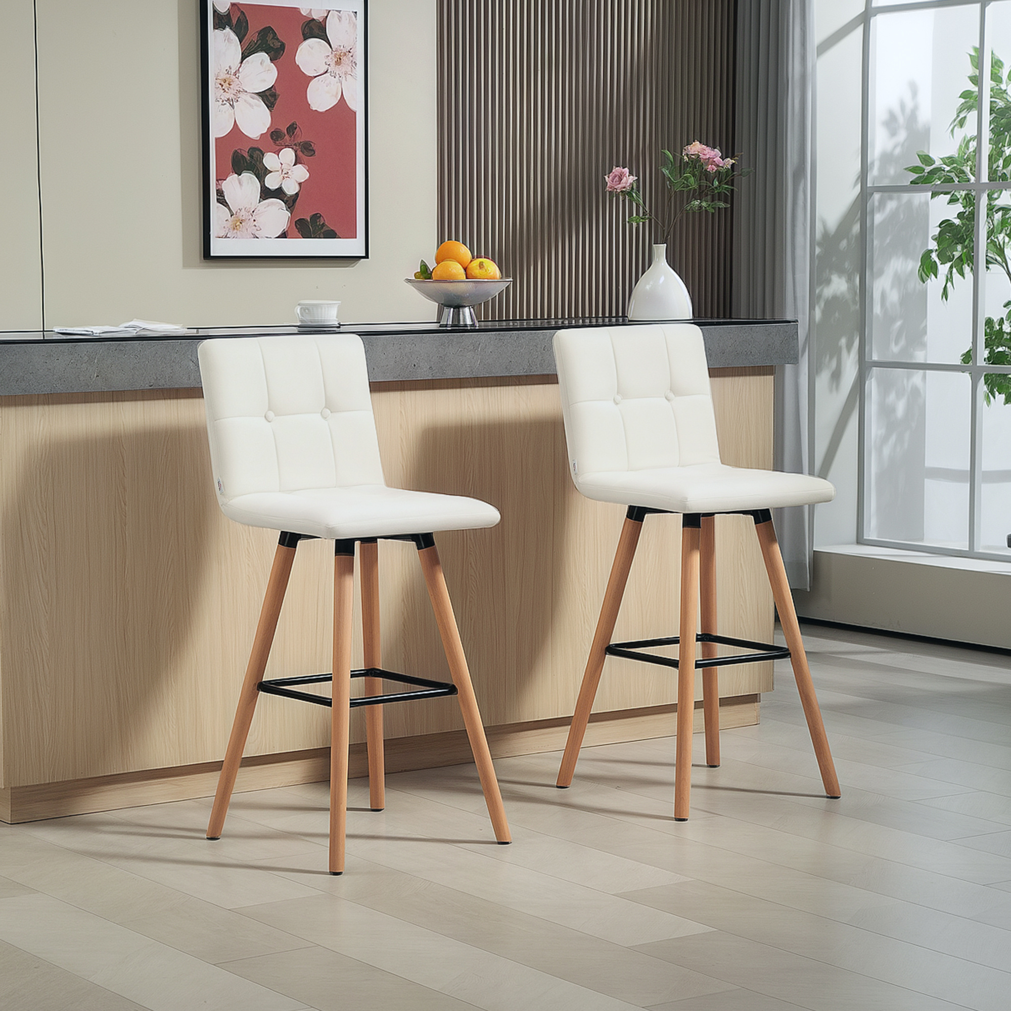 TEMU Ensemble de 2 Tabourets de Bar Rembourrés avec Pieds en Bois, Blanc