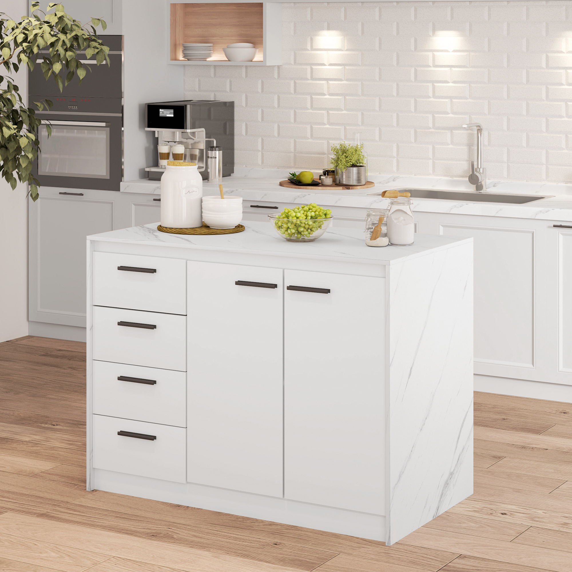 TEMU Îlot de Cuisine en Faux Marbre avec 4 Tiroirs et Étagère Réglable Blanc
