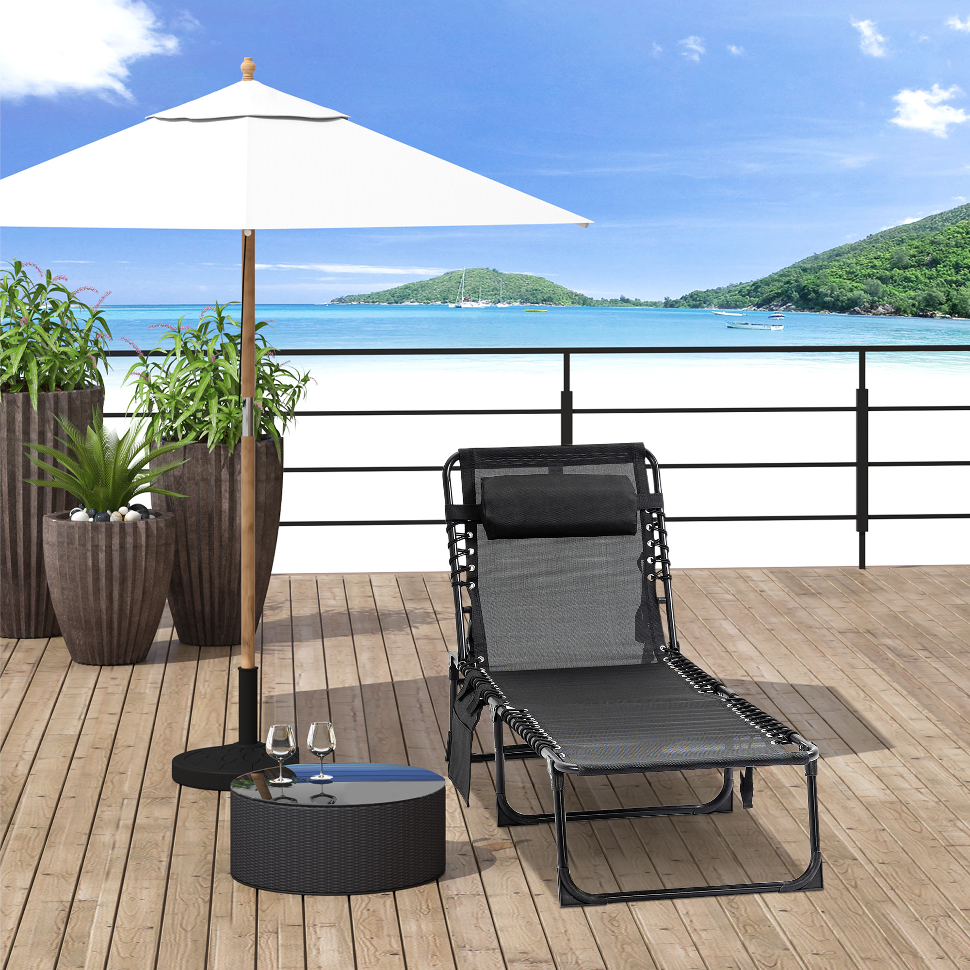 folding lounge chair reclining tanning chair portable sun lounger with adjustable backrest and removable pillow for patio garden beach mixed grey