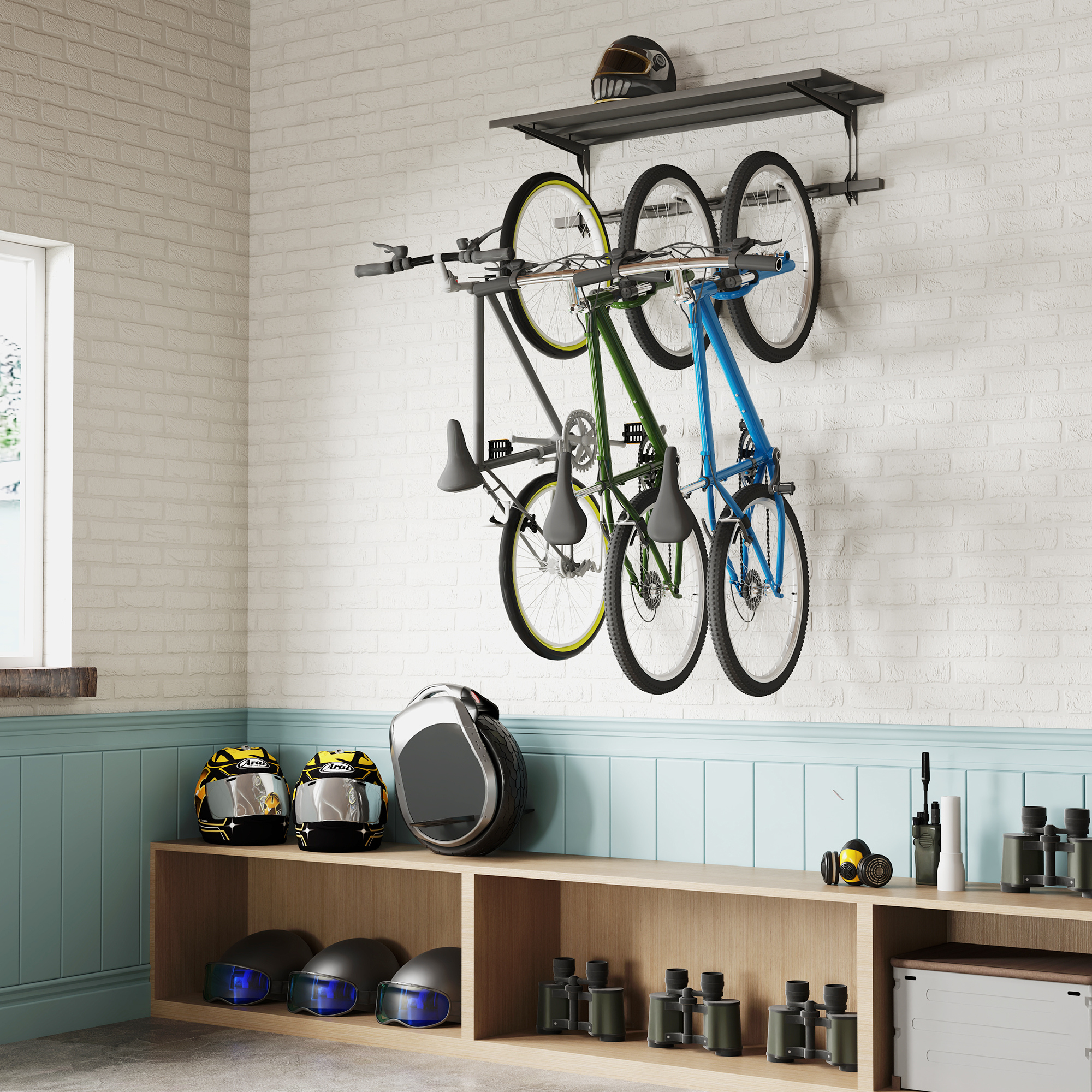 TEMU Bike Storage Rack For 5 Bikes, Wall Mount Bike Storage Hanger With Storage Shelf And Adjustable Hooks, Garage Bike Rack For Indoor Outdoor Use,