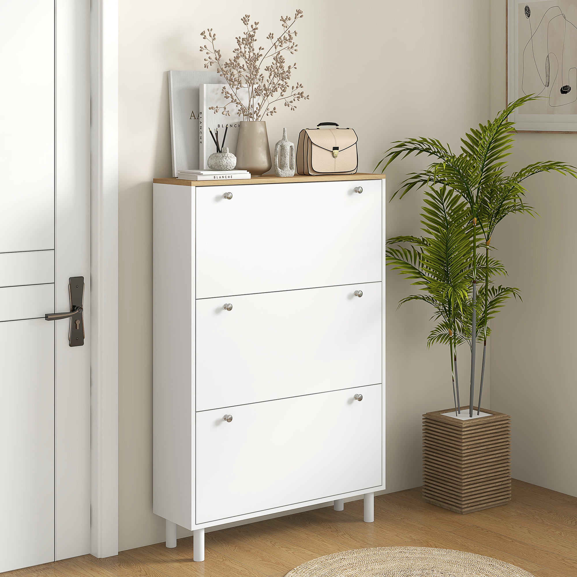 TEMU Meuble à Chaussures avec 3 Tiroirs Rabattables Paires de Chaussures, Blanc