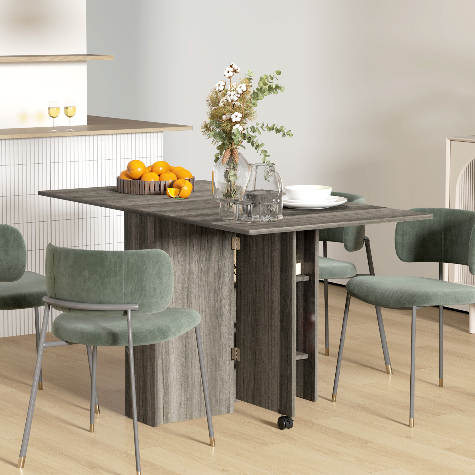 TEMU Table à Manger Pliante, Table à Feuille Abattante avec Étagères à 2 Niveaux en Bois Gris, Table à Manger Pliable
