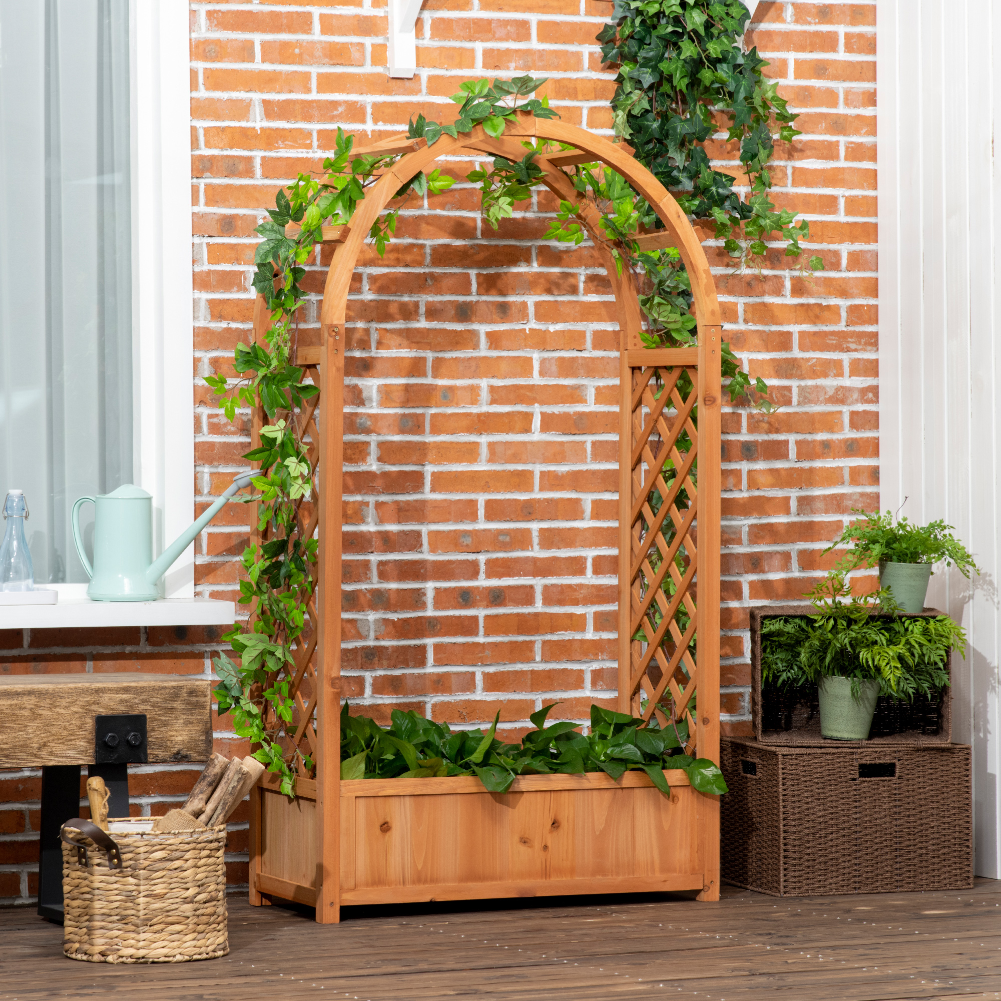 TEMU Lit de Jardin Surélevé avec Treillis en , Boîte de Jardin Autoportante, Conteneur de Jardinage Extérieur pour Plante Grimpante, Fleur et Herbe,