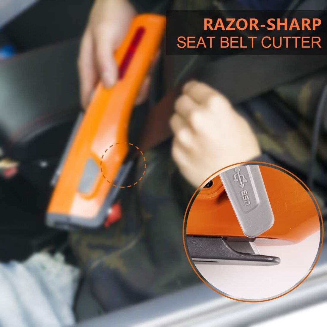orange 8 in 1 car safety tool with long lasting flashlight rescue window breaker Product details 2
