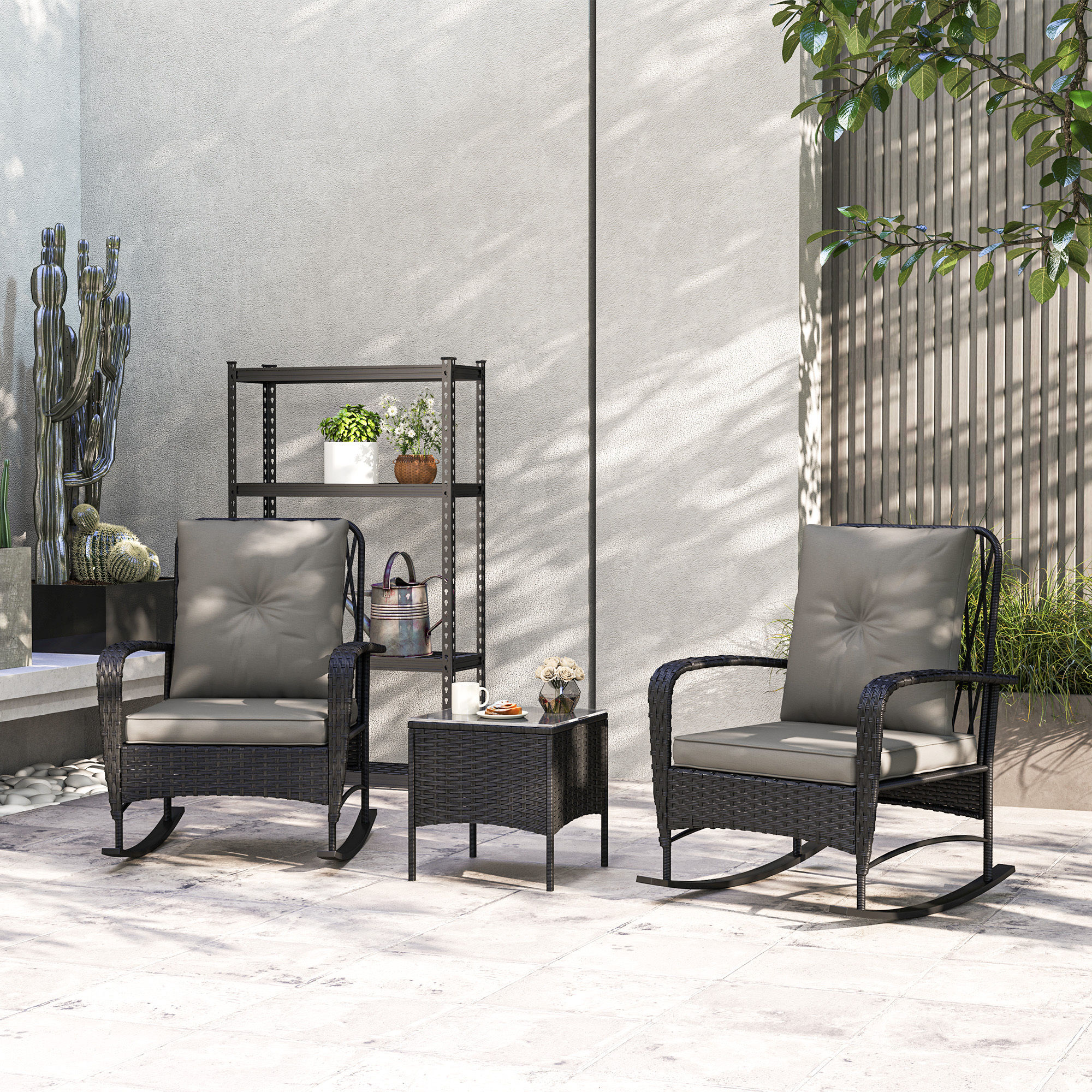 TEMU 3pcs Rattan Bistro Set With Rocking Chairs, Wicker Patio Furniture Set With Thick Cushions, Bistro Table Set Outdoor Patio Conversation Set For