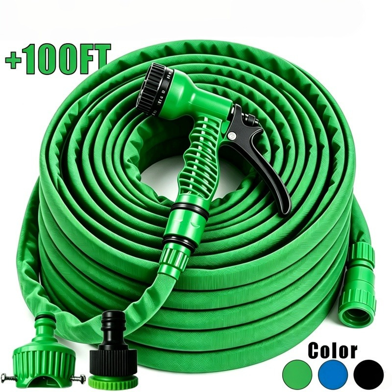 TEMU Ensemble de tuyau d'arrosage de jardin extérieur robuste multi-tailles, 75-100 pieds en option, équipé d'une buse et d'un adaptateur. Disponible