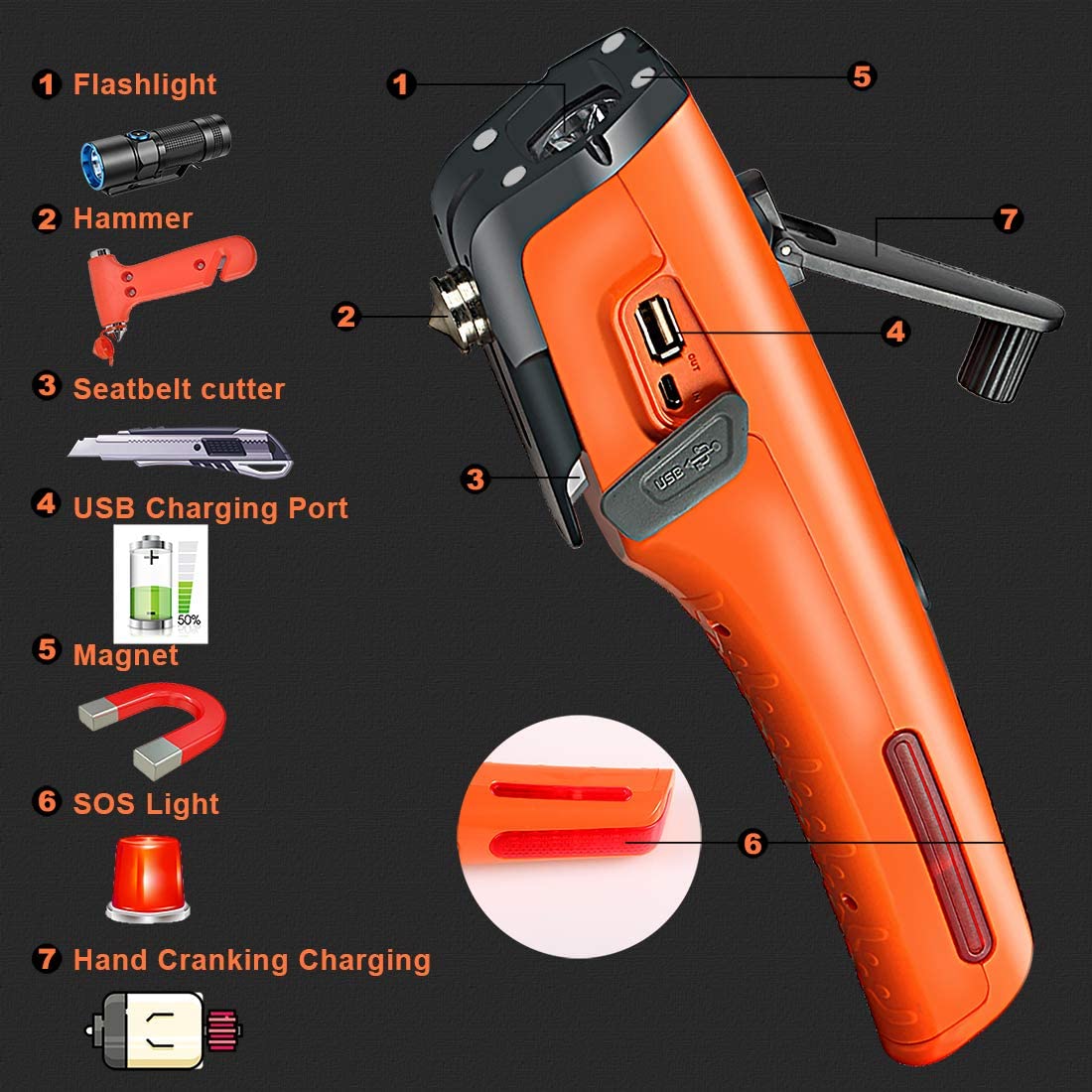 orange 8 in 1 car safety tool with long lasting flashlight rescue window breaker Product details 4