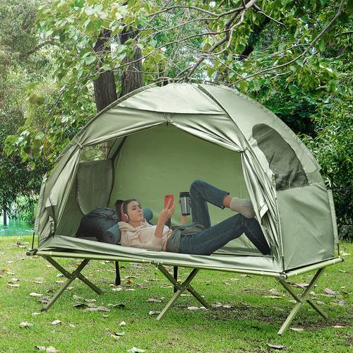 camping cot tent compact portable folding outdoor elevated combo set with carrying bag green