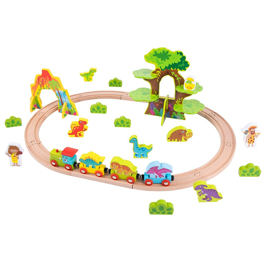 TEMU Parc à dinosaures en bois - 40 pièces - Rails, train, figurines et décorations, jeu de construction pour tout-petits et enfants de 3 ans et plus