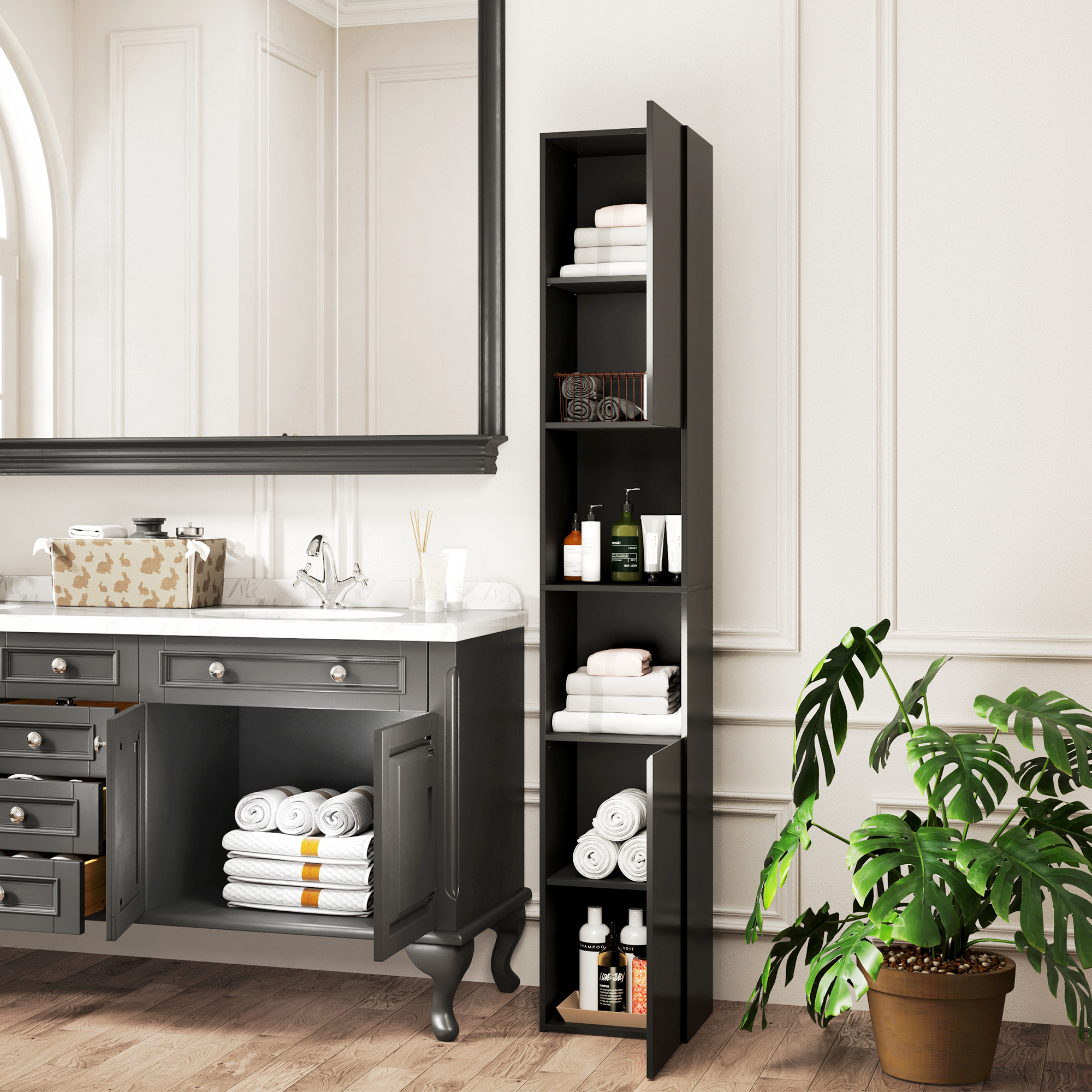 TEMU de salle de bain à revêtement brillant avec porte et étagères, noir