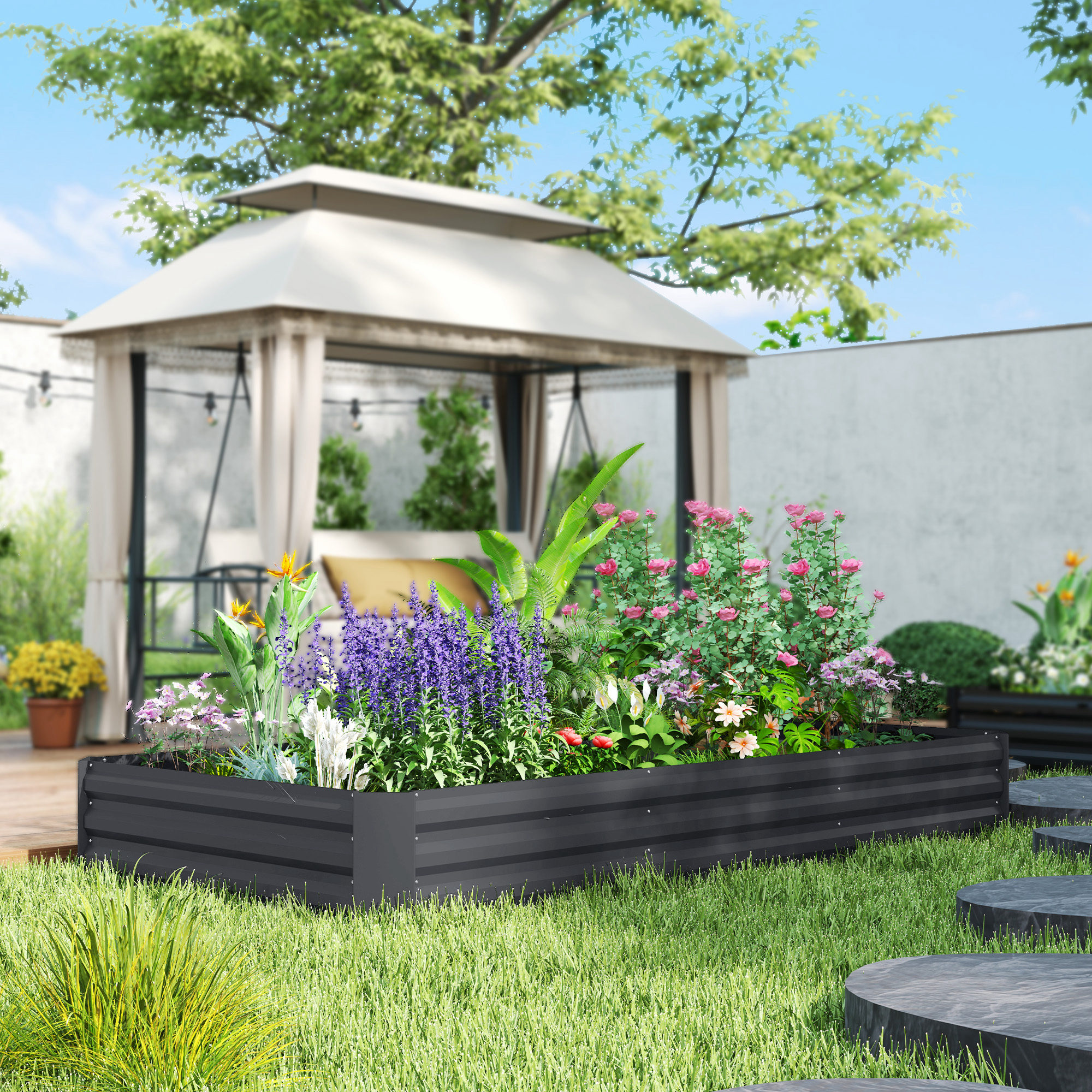 TEMU Lit de Jardin Surélevé Galvanisé, 8' x 4' x 1', Boîte de Plantation Extérieure en Métal avec Fond Ouvert pour Fleurs, Herbes et Légumes