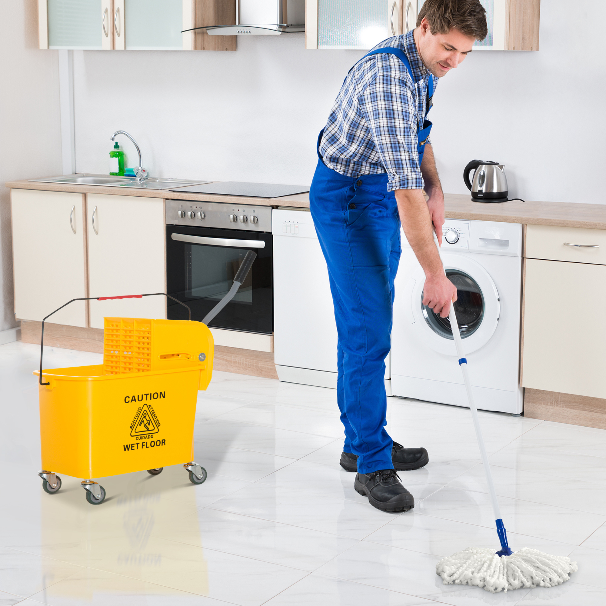 TEMU Seau de balai avec essoreuse sur roues pour le nettoyage des sols, 5 gallons, jaune