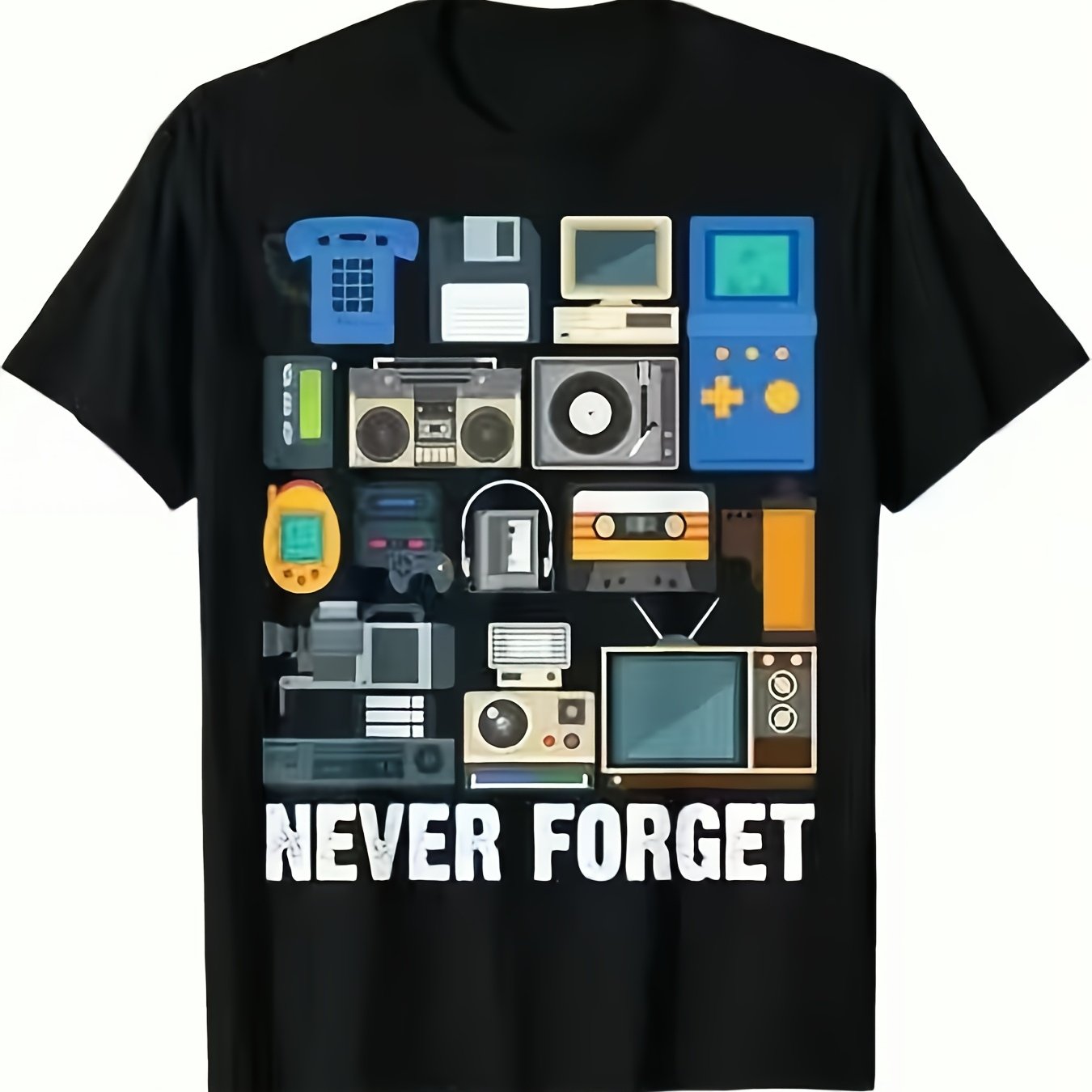 TEMU Unisex Graphic T-shirt (nostalgic Icons Of The Past) – Black Short-sleeve Crew Neck , Perfect For Throwback Lovers, Fun And Stylish | Vintage